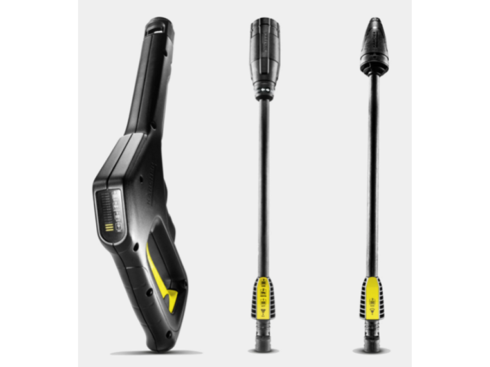 Trzy czarno-żółte nasadki do myjki ciśnieniowej na ciemnym tle.