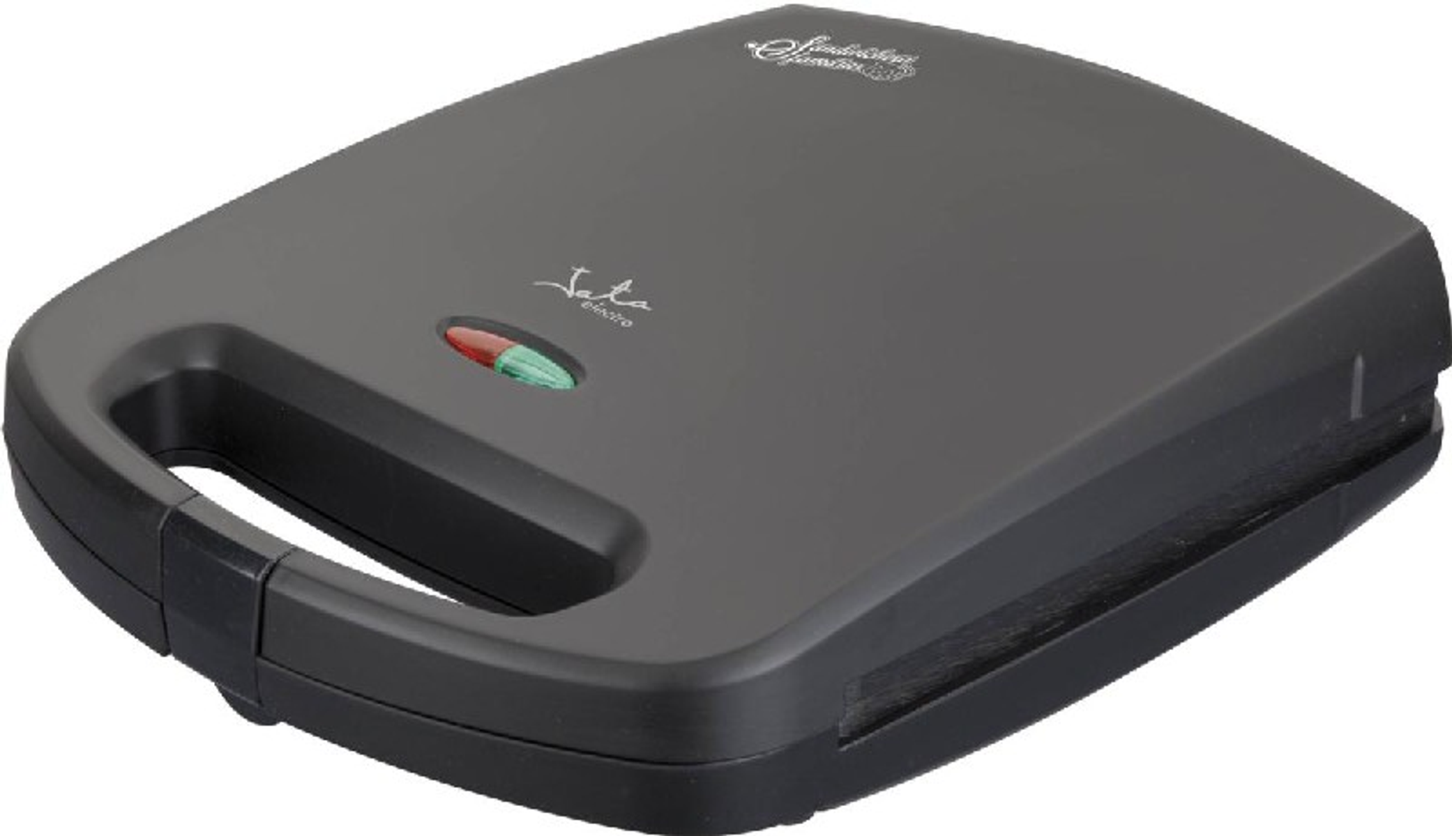 Czarny opiekacz do kanapek z zamkniętą pokrywą. Z przodu zielony i czerwony wskaźnik świetlny.