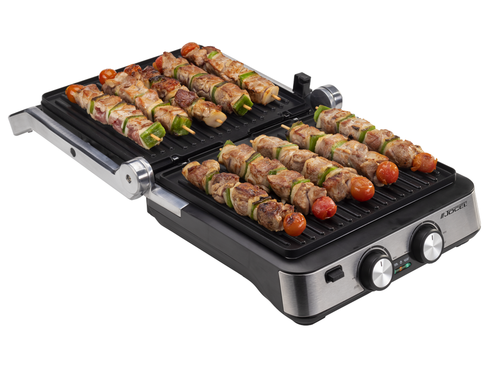 Parrilla eléctrica con brochetas de comida. Perillas al frente.