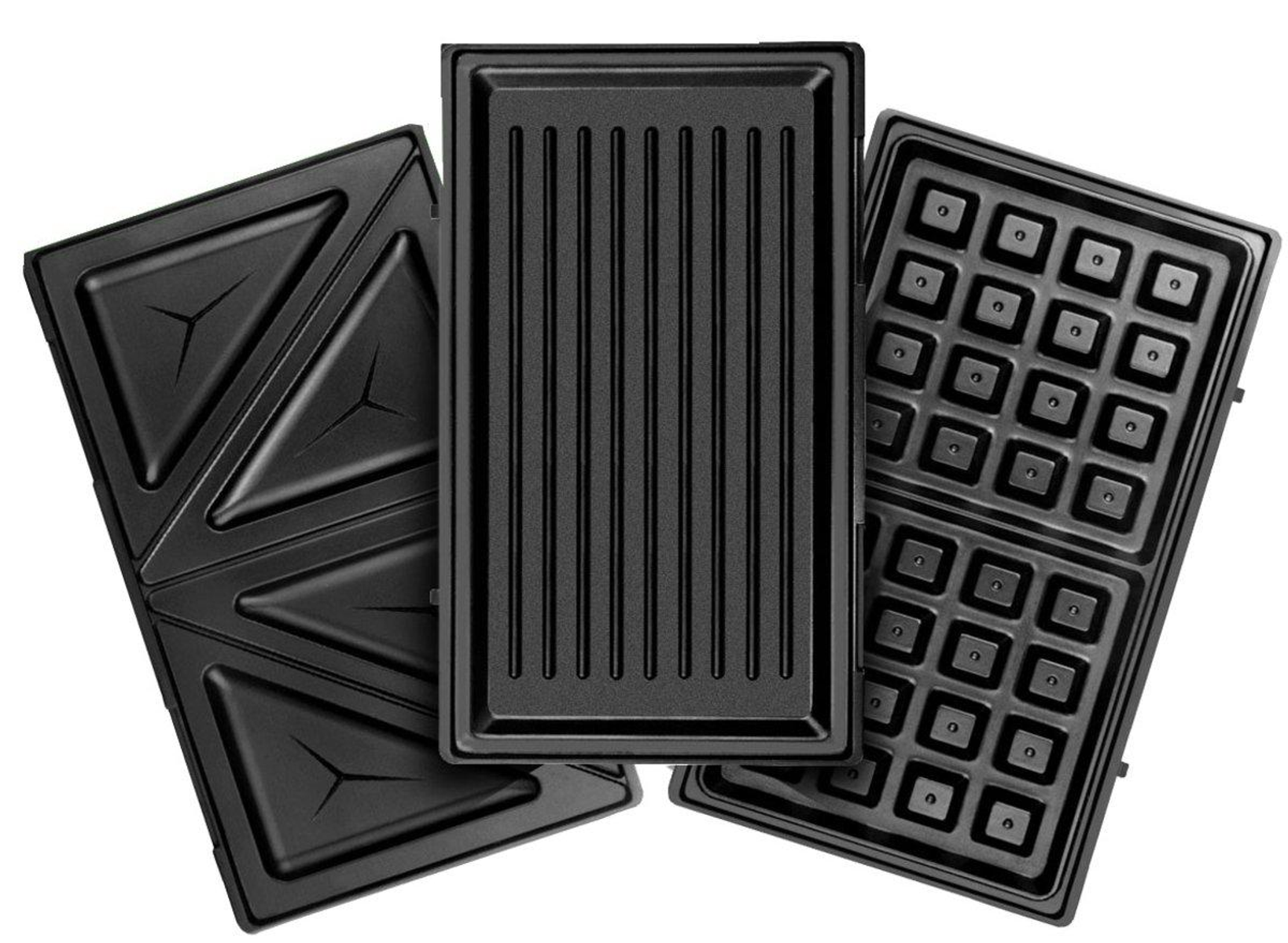 Wyświetlane są trzy czarne nieprzywierające płyty, w tym płyty do kanapek, grilla i gofrów.