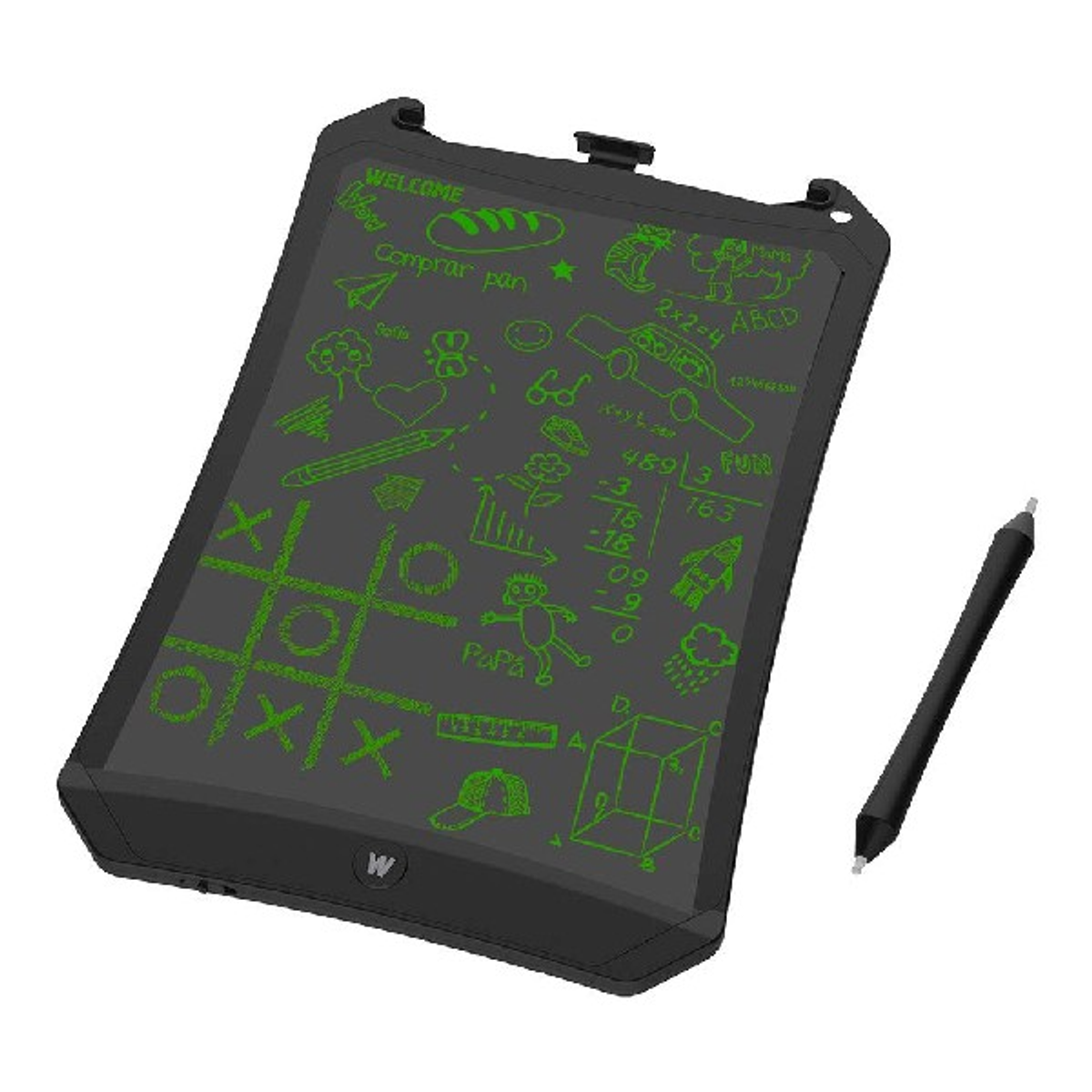 Schwarzes Zeichentablett mit grünen Zeichnungen und einem Stift. Weißer Hintergrund.