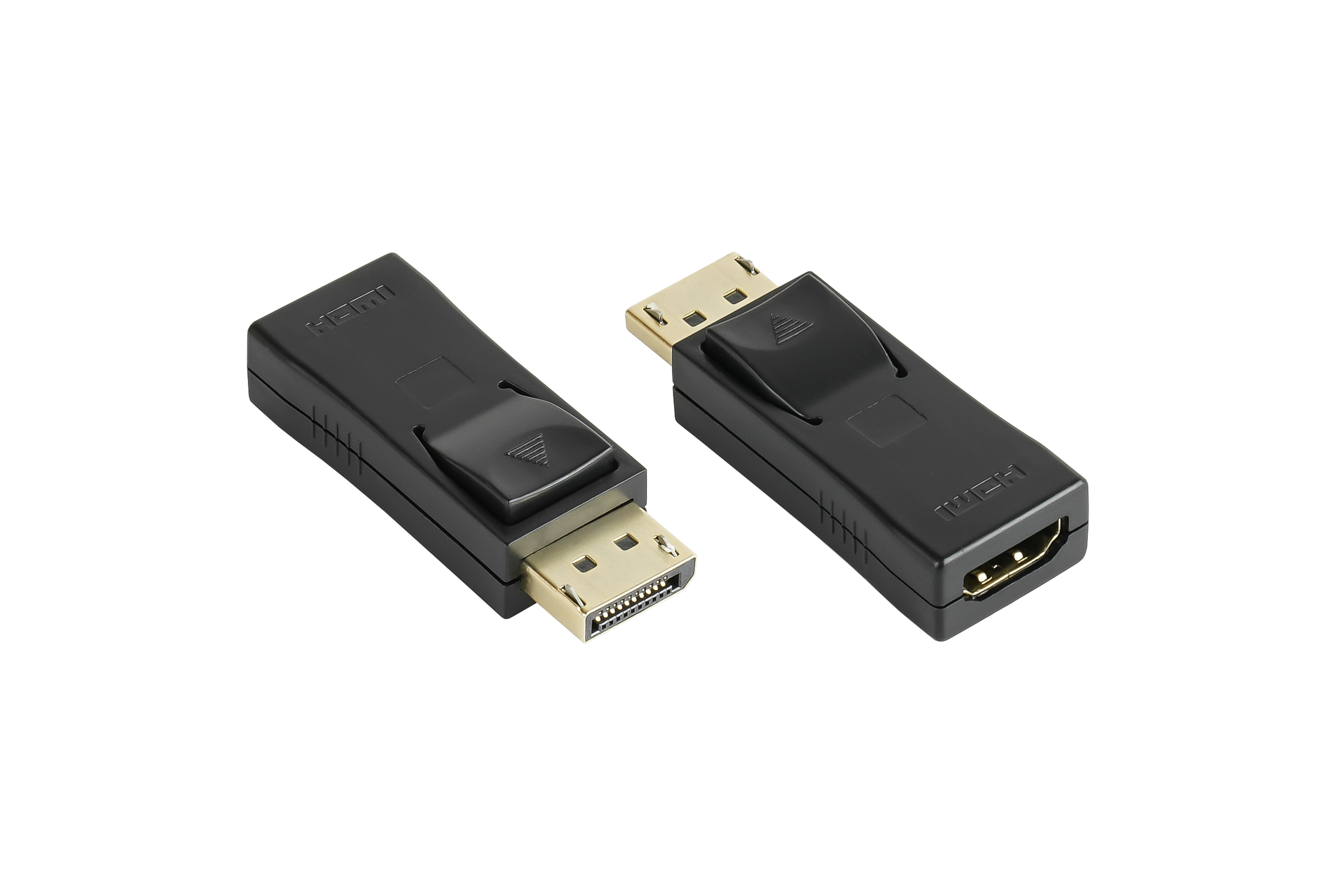 Zwei schwarze HDMI-zu-DisplayPort-Adapter. Einer hat HDMI und der andere einen DisplayPort-Anschluss.