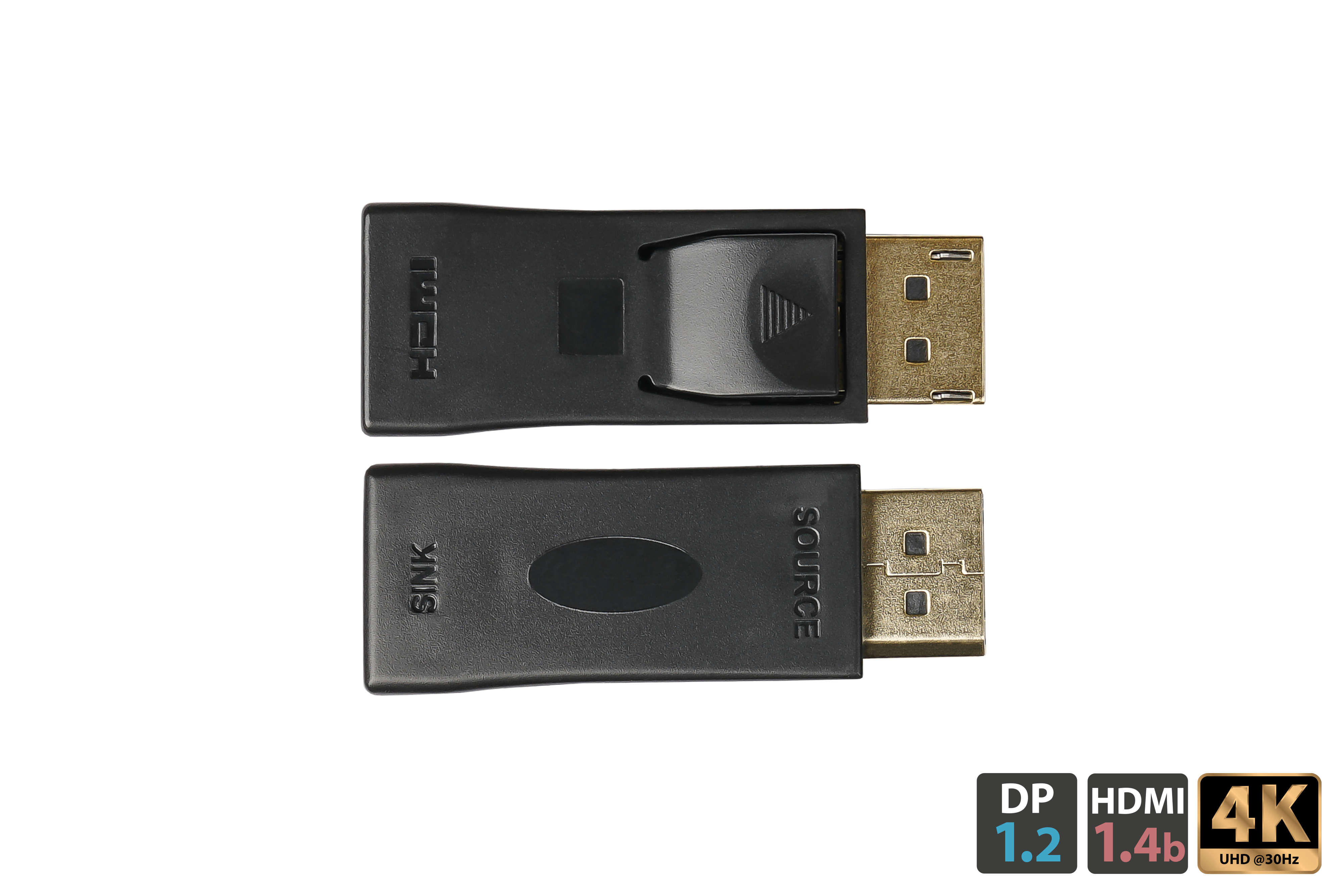 Zwei schwarze Adapter: HDMI zu DisplayPort und DisplayPort zu HDMI, mit 4K und DP 1.2.