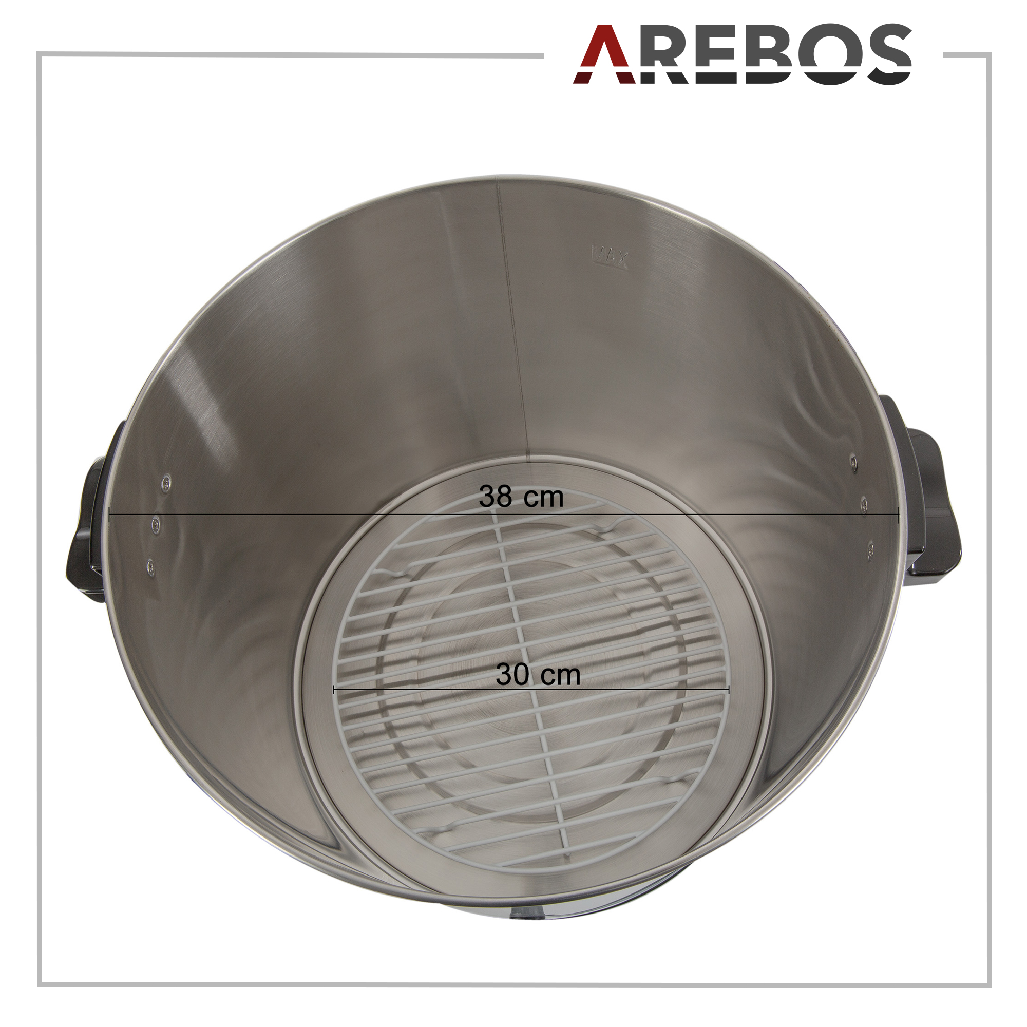 Feuerstelle aus Edelstahl mit Grill. Abmessungen von 38 cm und 30 cm sind angegeben.