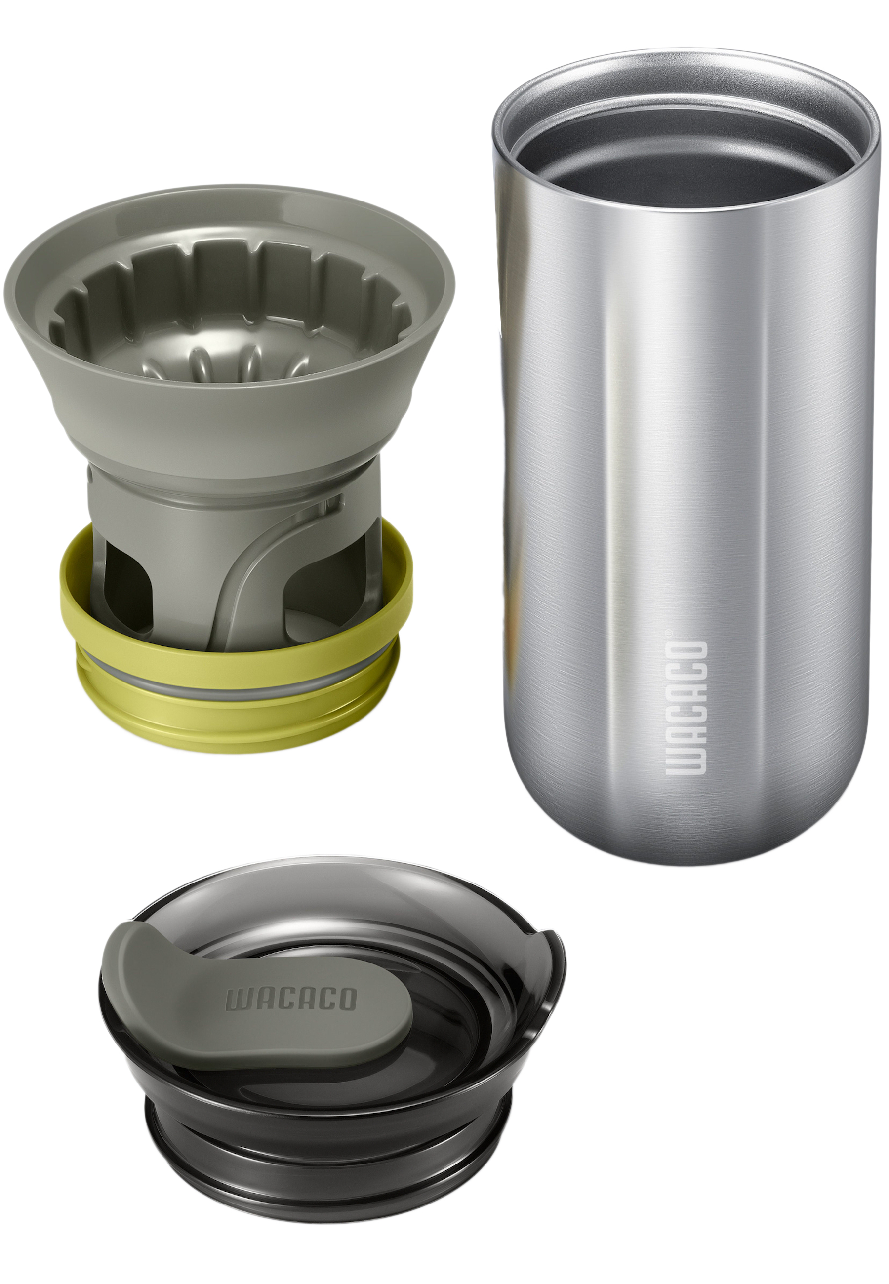 Componentes de una cafetera de viaje desmontados, plata y gris.