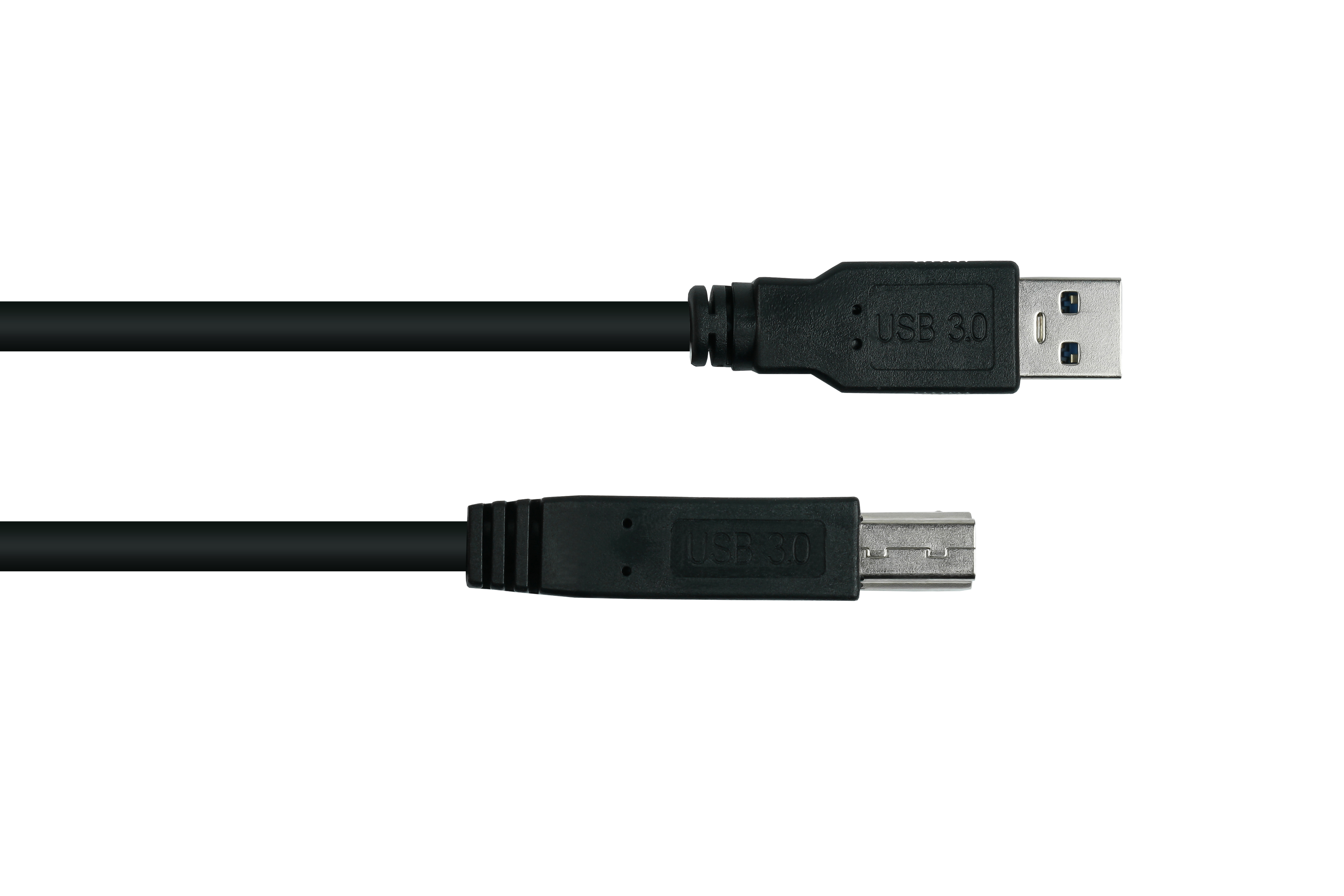 Zwei schwarze USB 3.0-Kabel, die beide Enden zeigen. Die Anschlüsse sind vor weißem Hintergrund sichtbar.