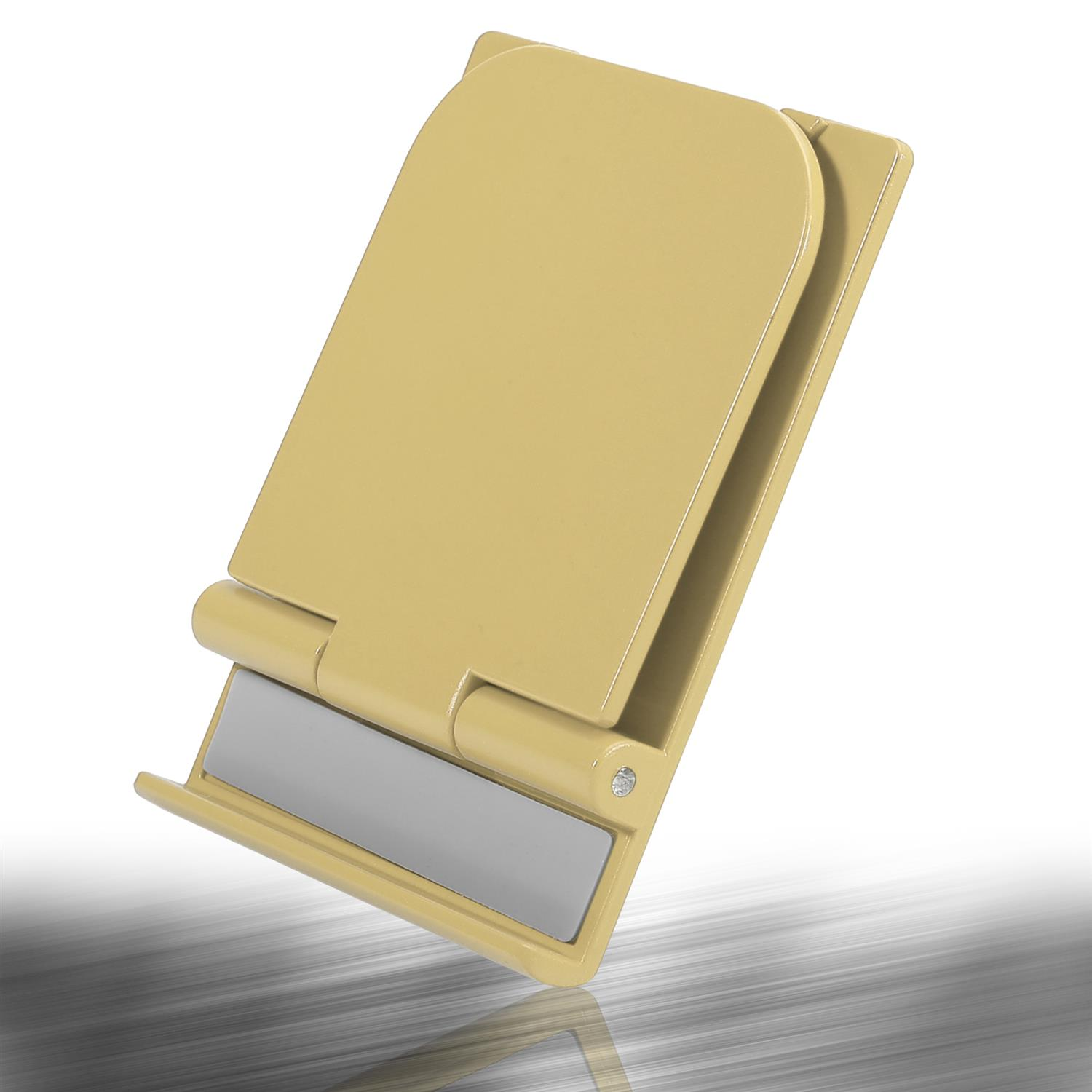 Faltbarer Telefonständer, beige, mit silberfarbener Metallbasis.