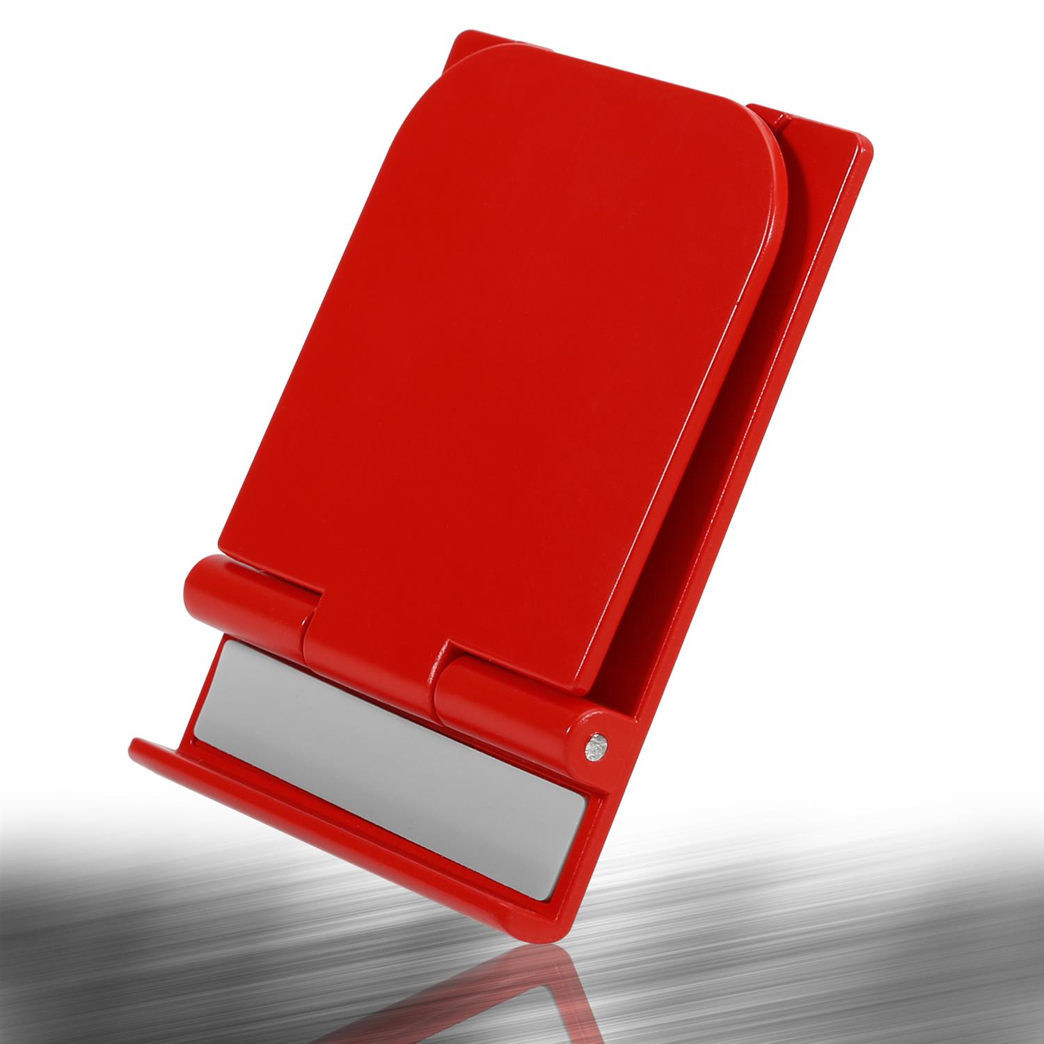 Roter Tablet-Ständer, faltbar mit silberner Basis und leicht geneigter Auflagefläche.