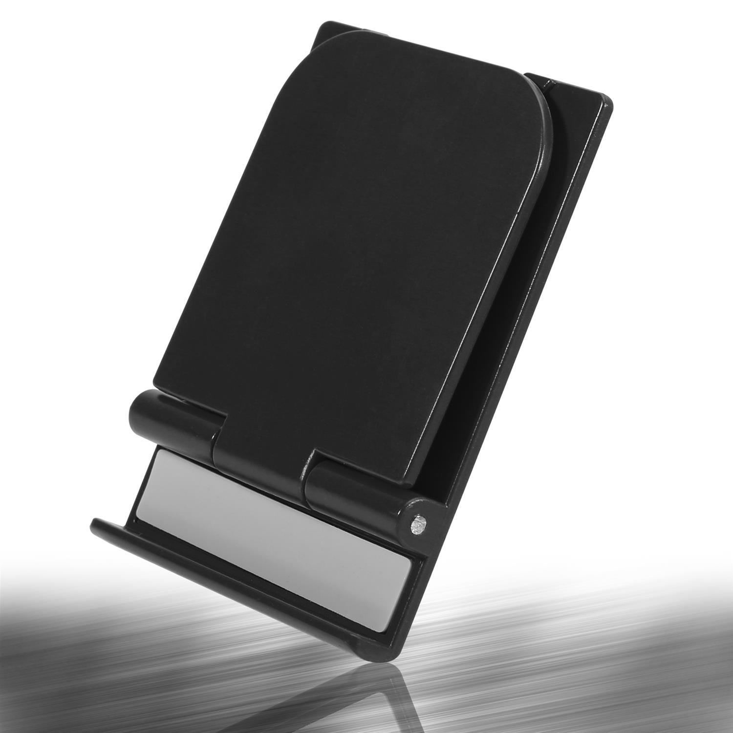 Schwarzer, faltbarer Telefonständer, abgewinkelt, auf reflektierender Oberfläche.