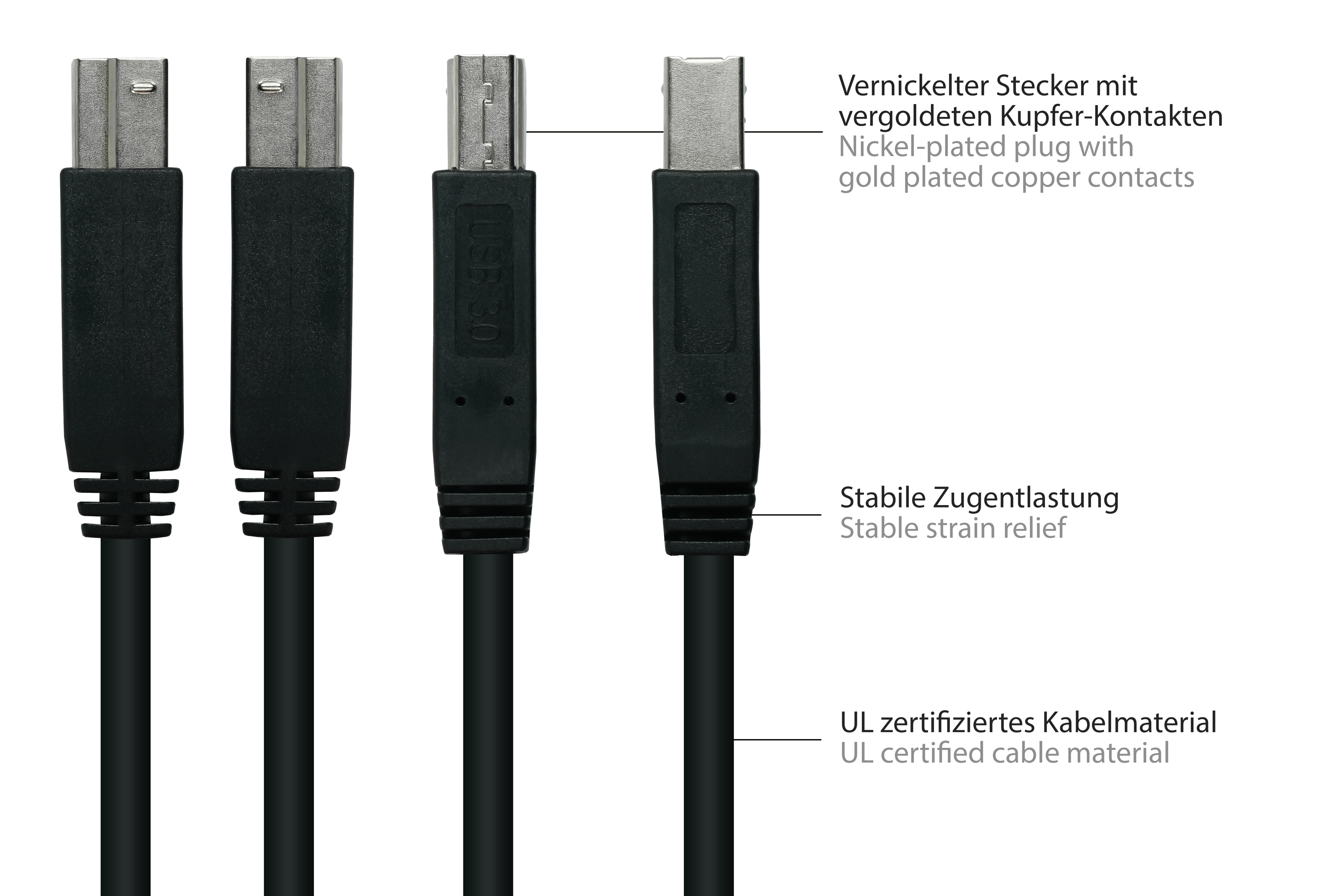 Vier schwarze USB-Kabel mit USB 3.0-Anschlüssen. Beschreibender Text über die Anschlüsse und das Kabelmaterial.