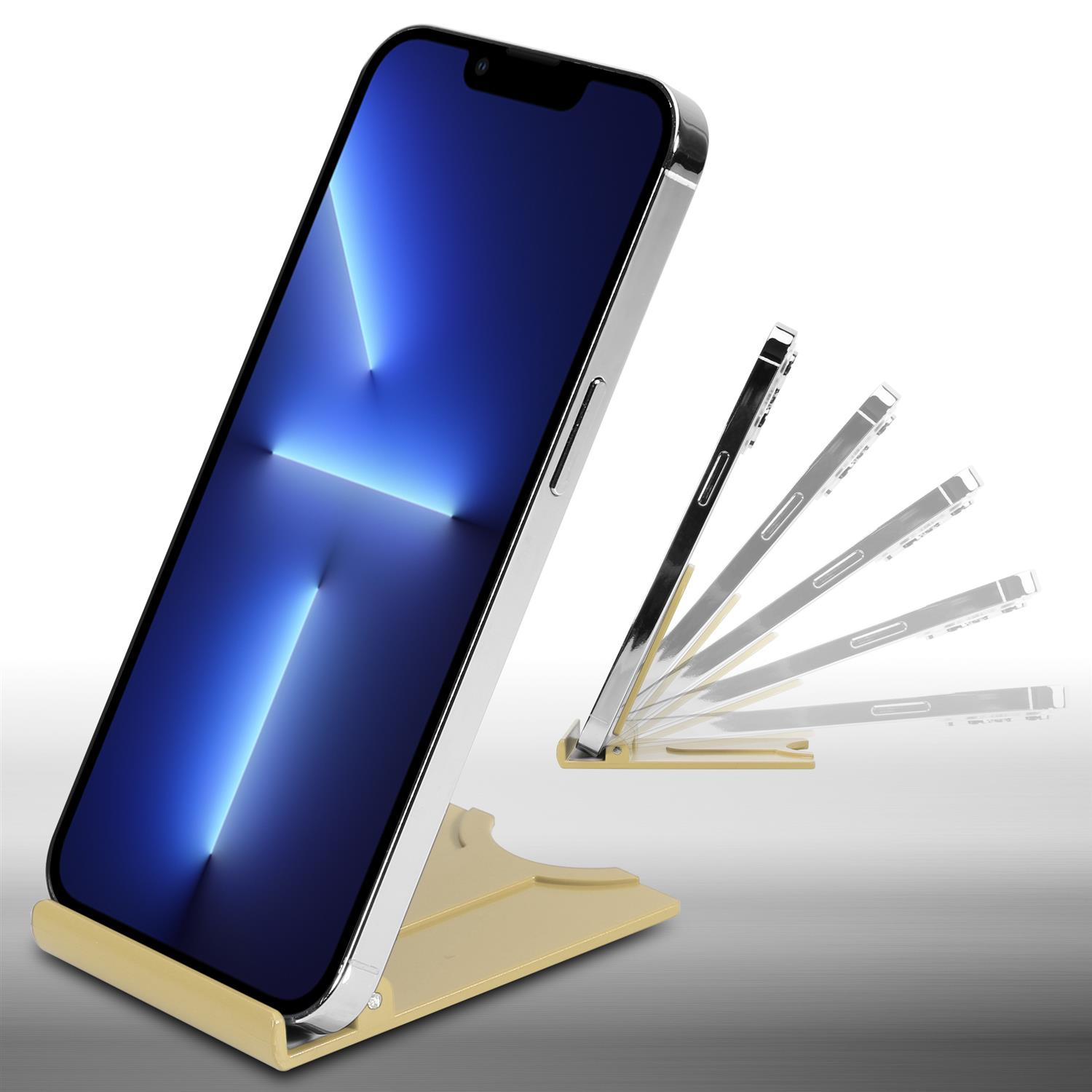 Ein Telefon in einem Ständer mit einem abgewinkelten Bildschirm, der einen blauen Farbverlauf zeigt.