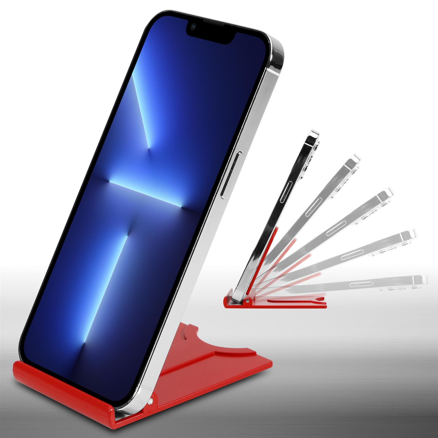 Smartphone auf rotem Ständer, mit einstellbaren Winkeln. Weißer Hintergrund.