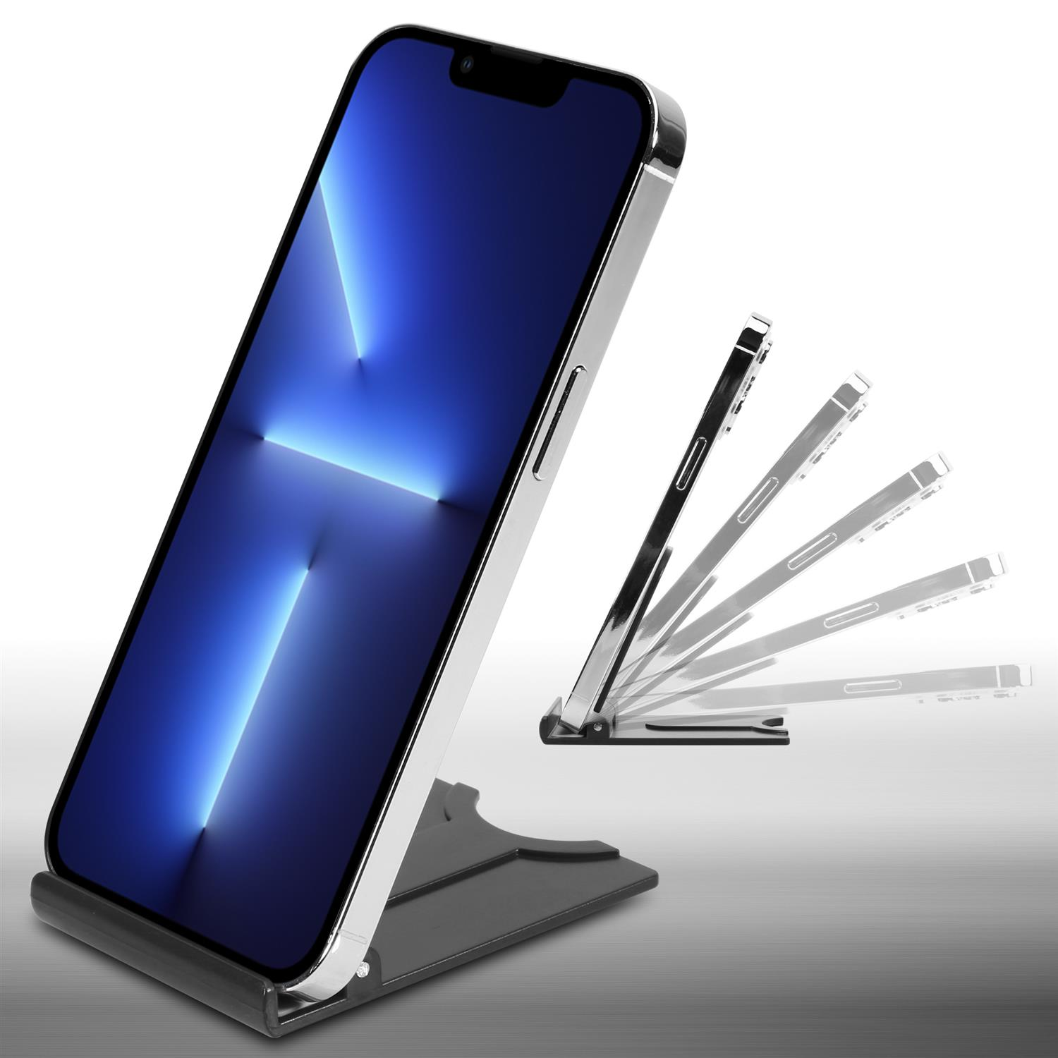 Smartphone auf einem schwarzen Ständer, geneigt. Das Telefon hat einen blau-weißen Bildschirm. Mehrere Blickwinkel.