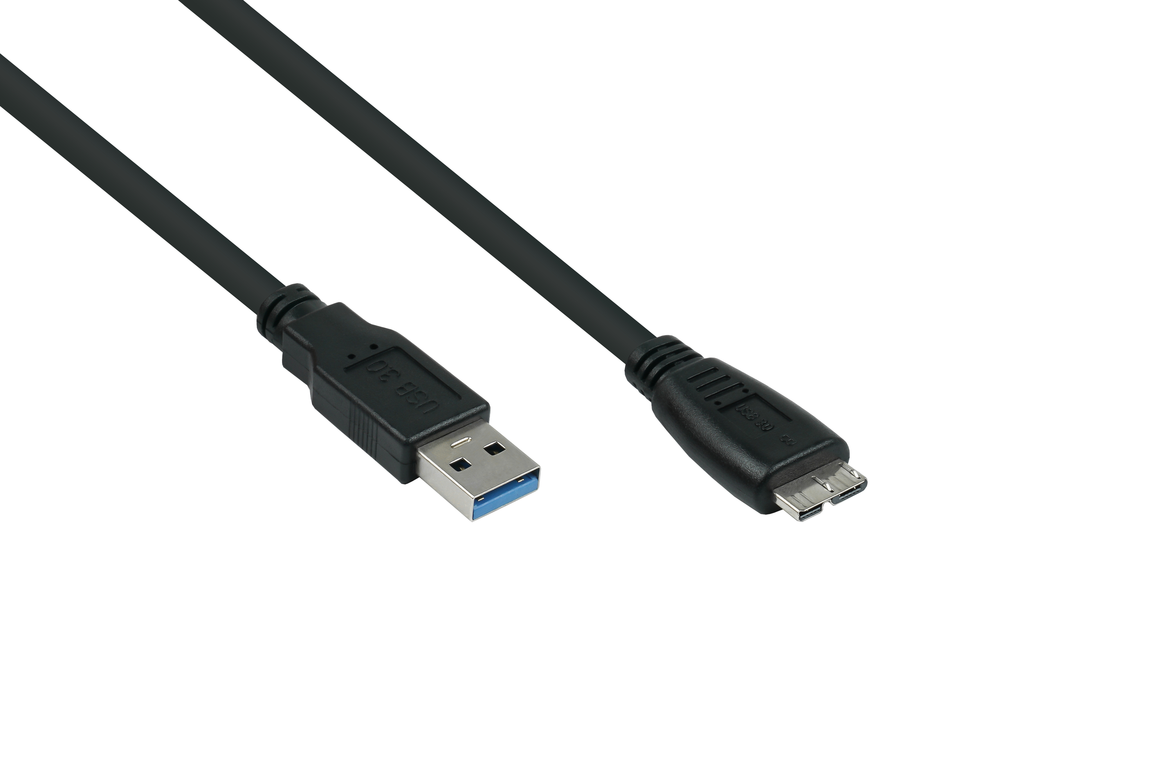 Schwarzes USB-Kabel mit einem USB 3.0-Anschluss und einem Micro-USB-Anschluss.