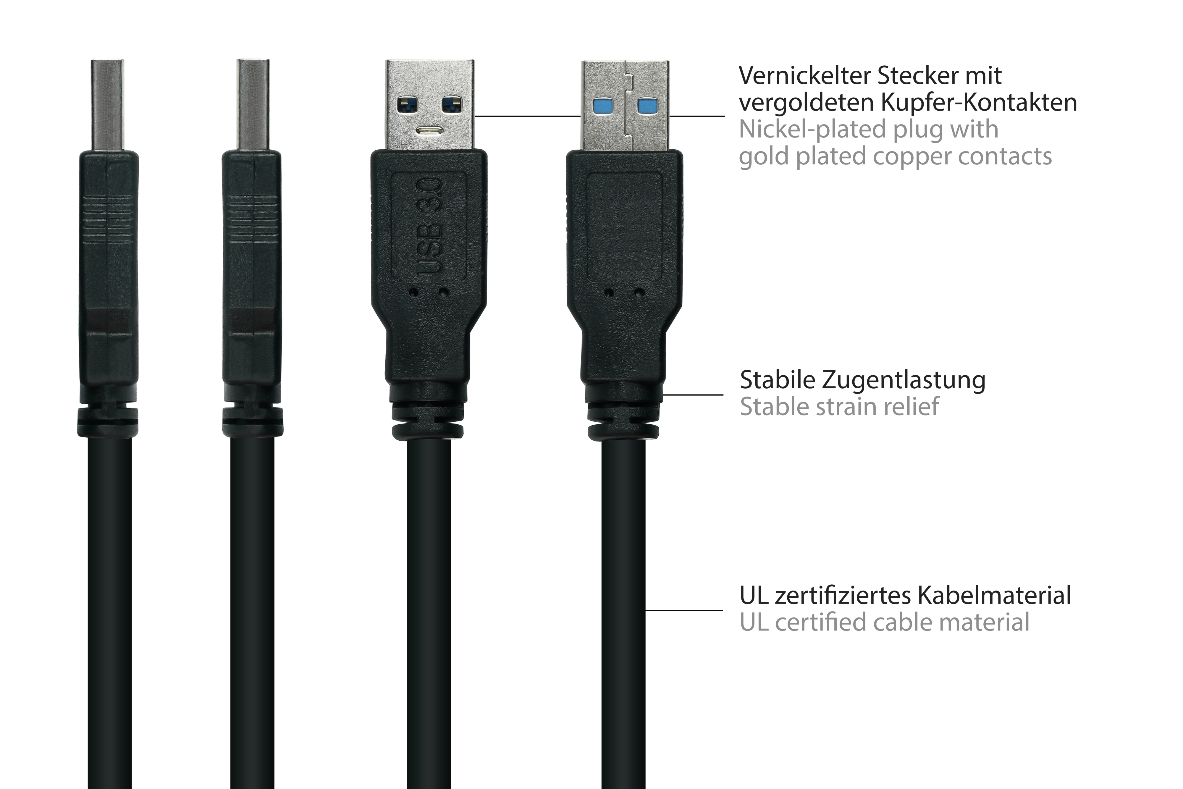 KABELMEISTER Stecker AWG28 Kabel / A USB schwarz KUPFER, AWG24, Micro 3.0 UL, B,Premium, an Stecker