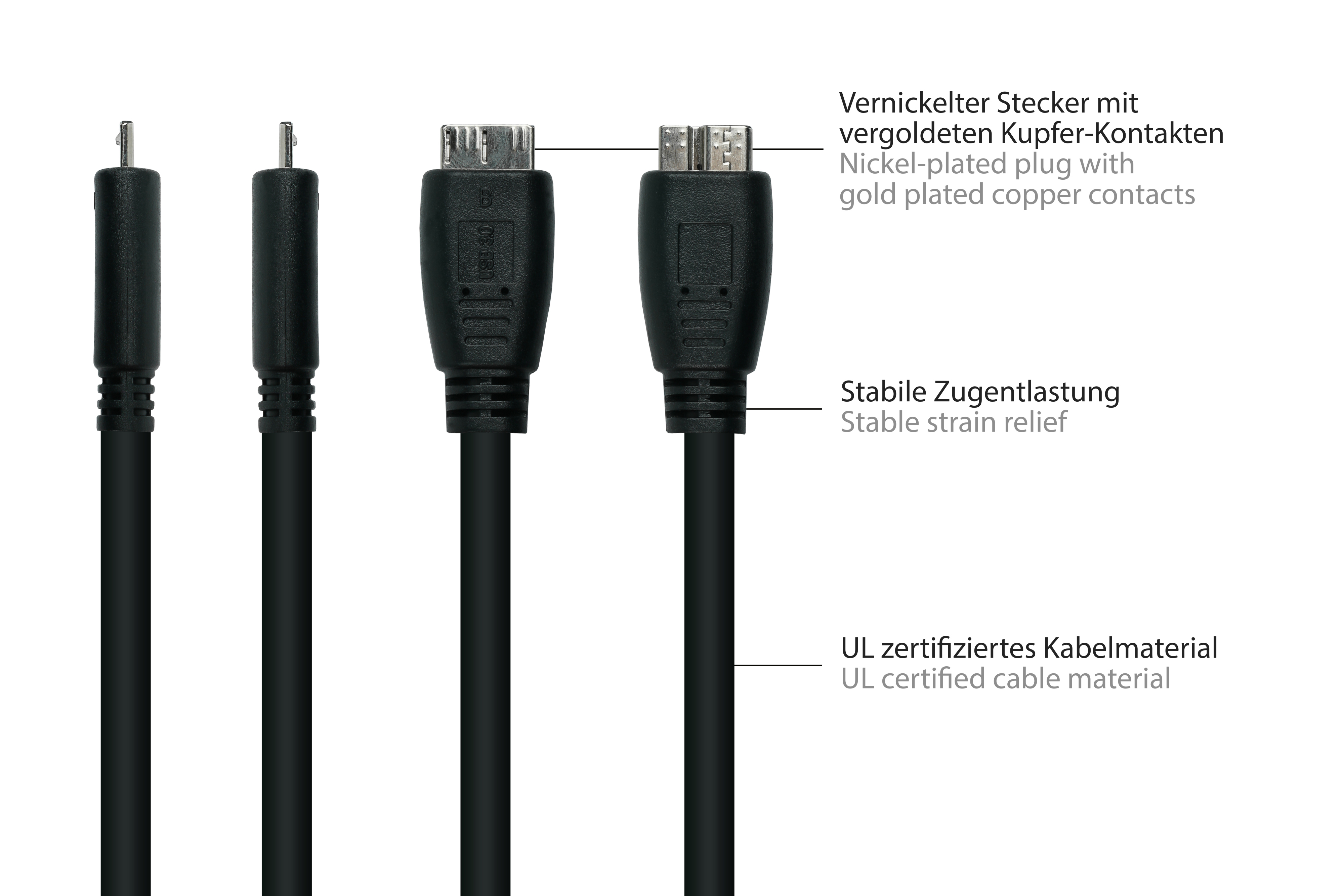 B,Premium, UL, Micro A Kabel KUPFER, / AWG24, schwarz 3.0 AWG28 USB Stecker an Stecker KABELMEISTER