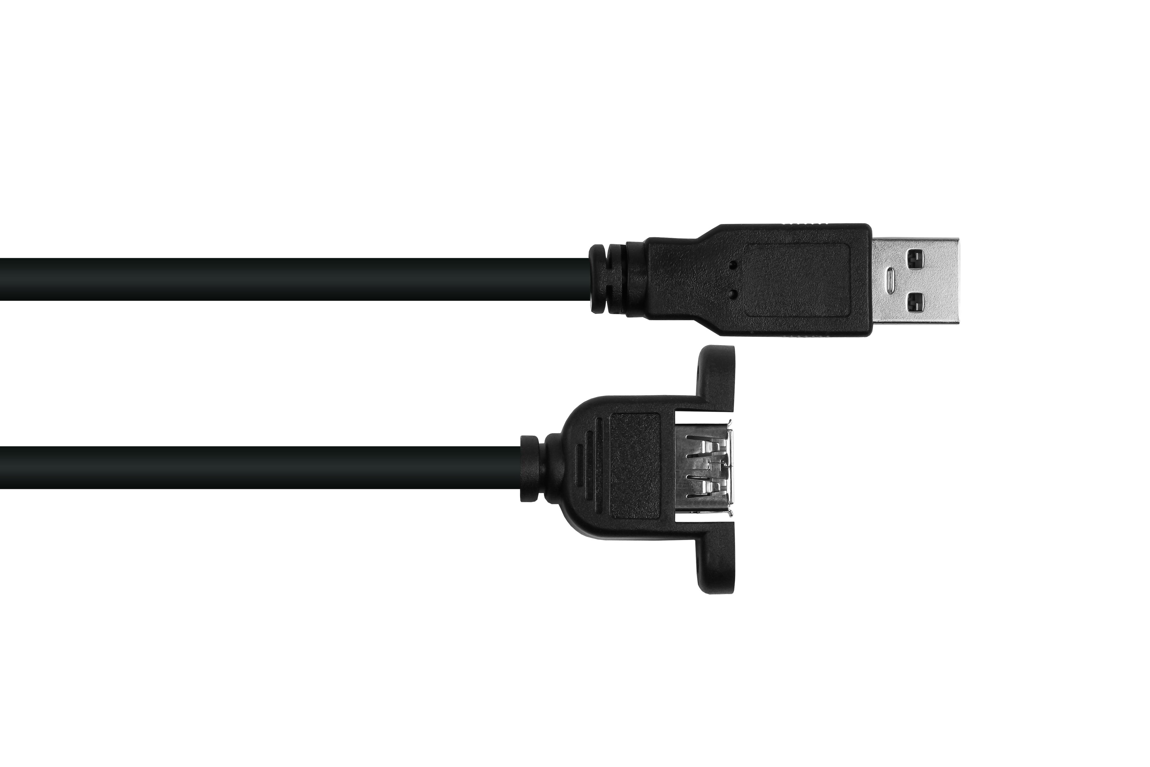 Schwarzes USB-Kabel. Ein Ende ist ein Standard-USB, das andere eine USB-Buchse zur Plattenmontage.