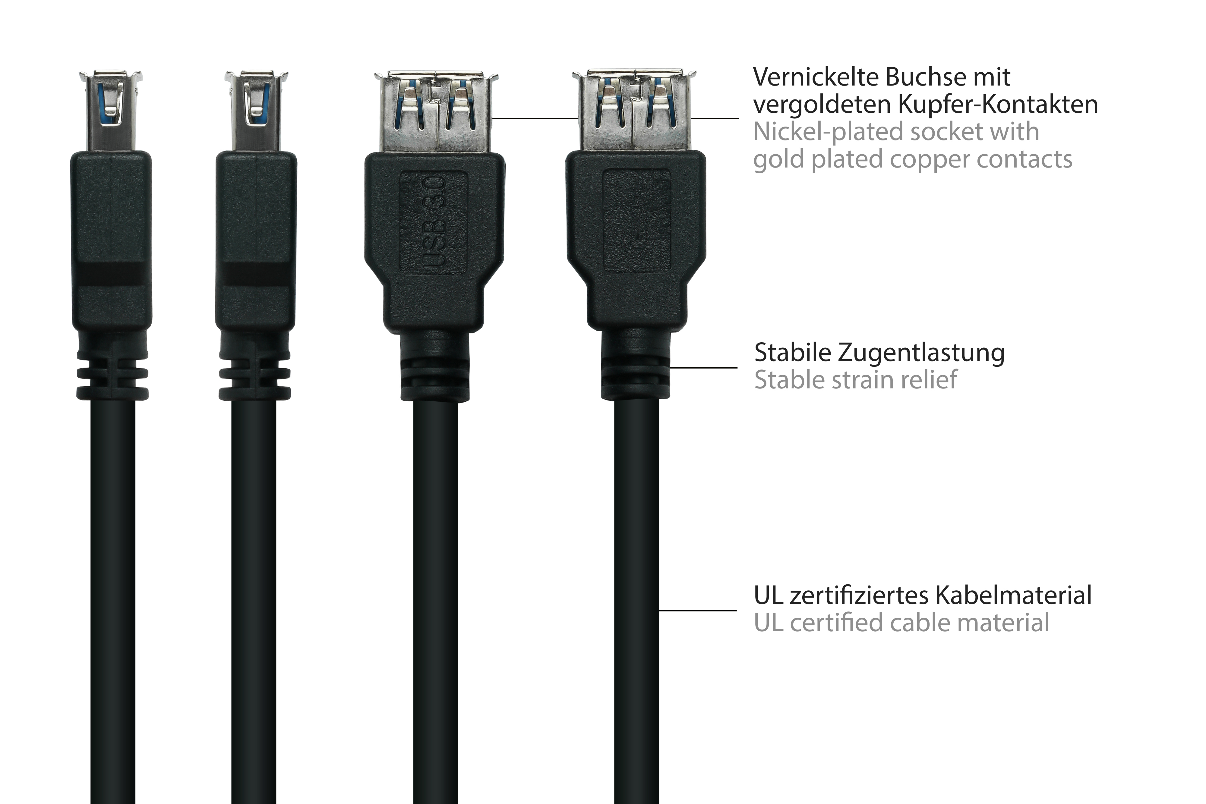 KABELMEISTER Stecker Buchse 3.0 USB A,Premium, A AWG28 schwarz an AWG24, UL, KUPFER, / Verlängerungskabel