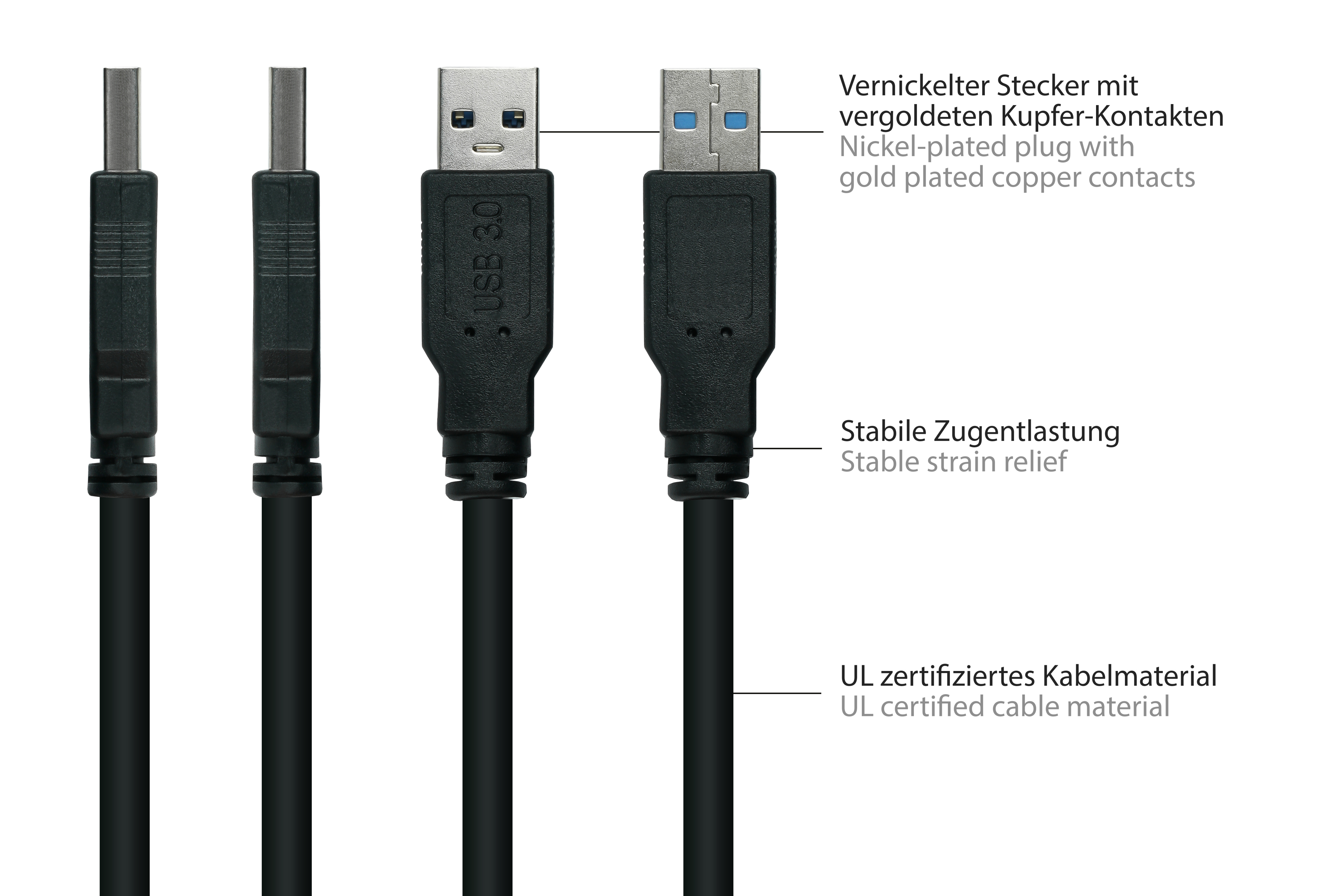 Nahaufnahme von USB-Kabeln. Schwarze Kabel mit USB 3.0 Logo und technischen Details.
