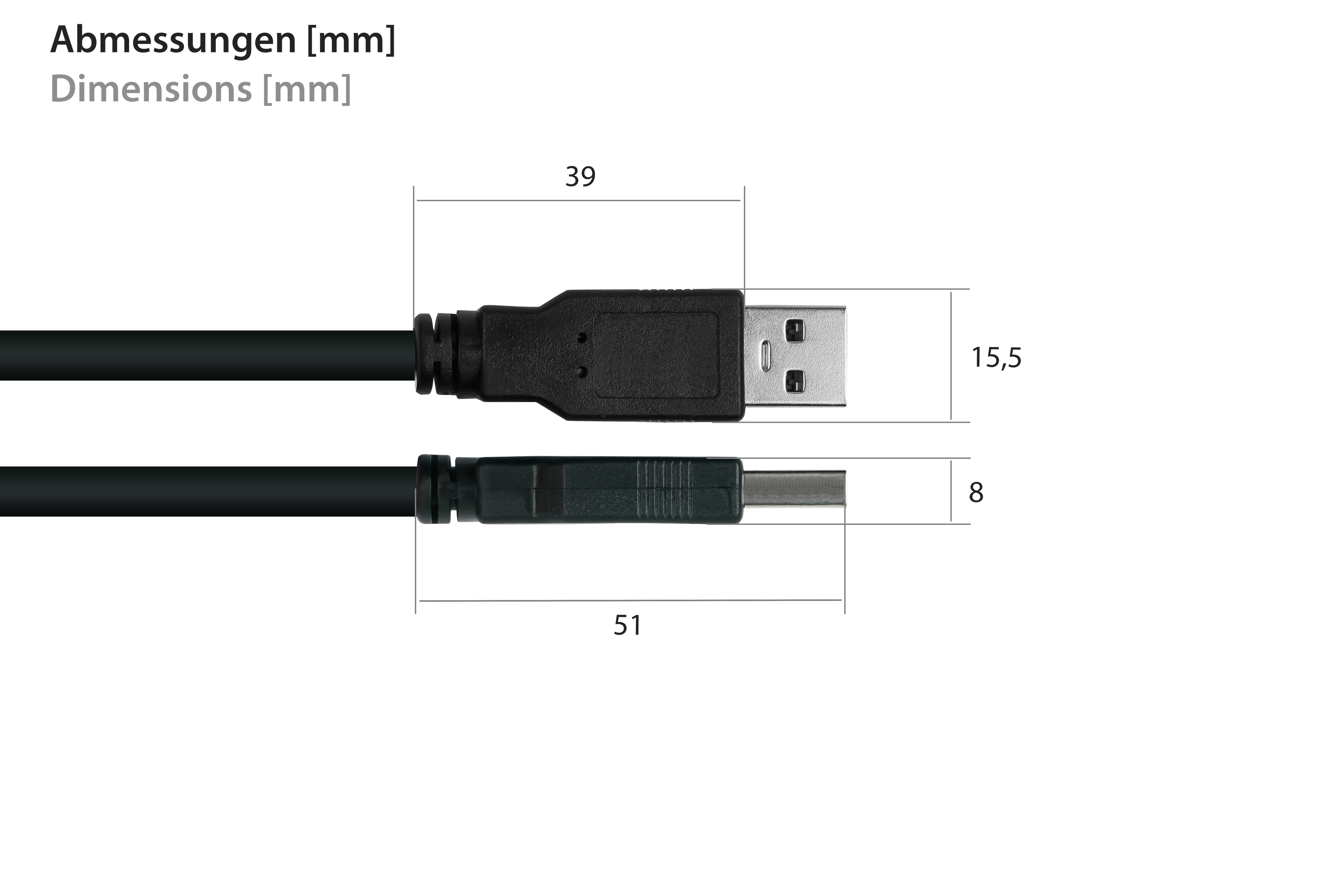 Diagramm eines USB-Kabels mit Abmessungen in Millimetern. Das Kabel ist schwarz.