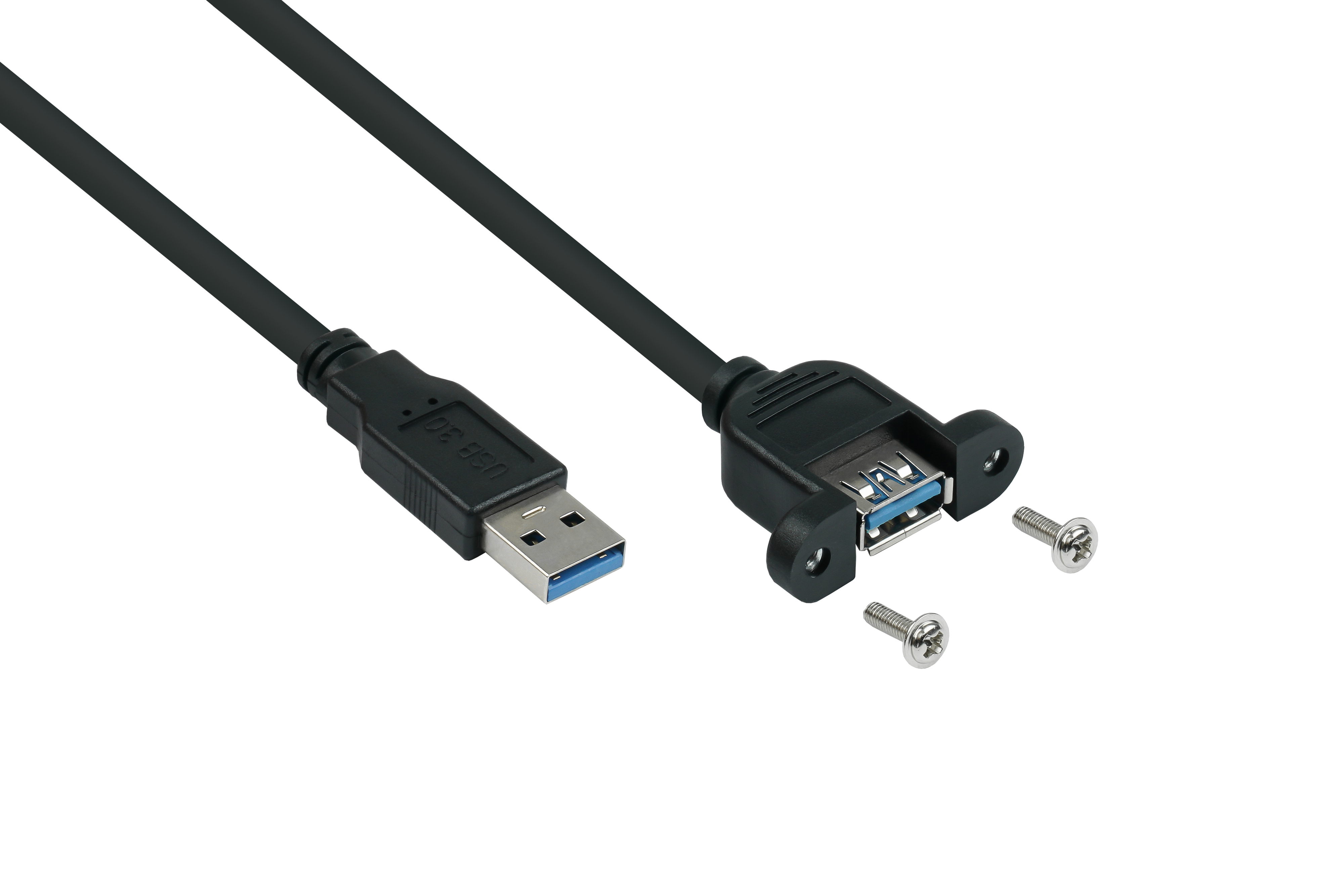 Schwarzes USB 3.0-Kabel mit Stecker und Schrauben auf weißem Hintergrund.