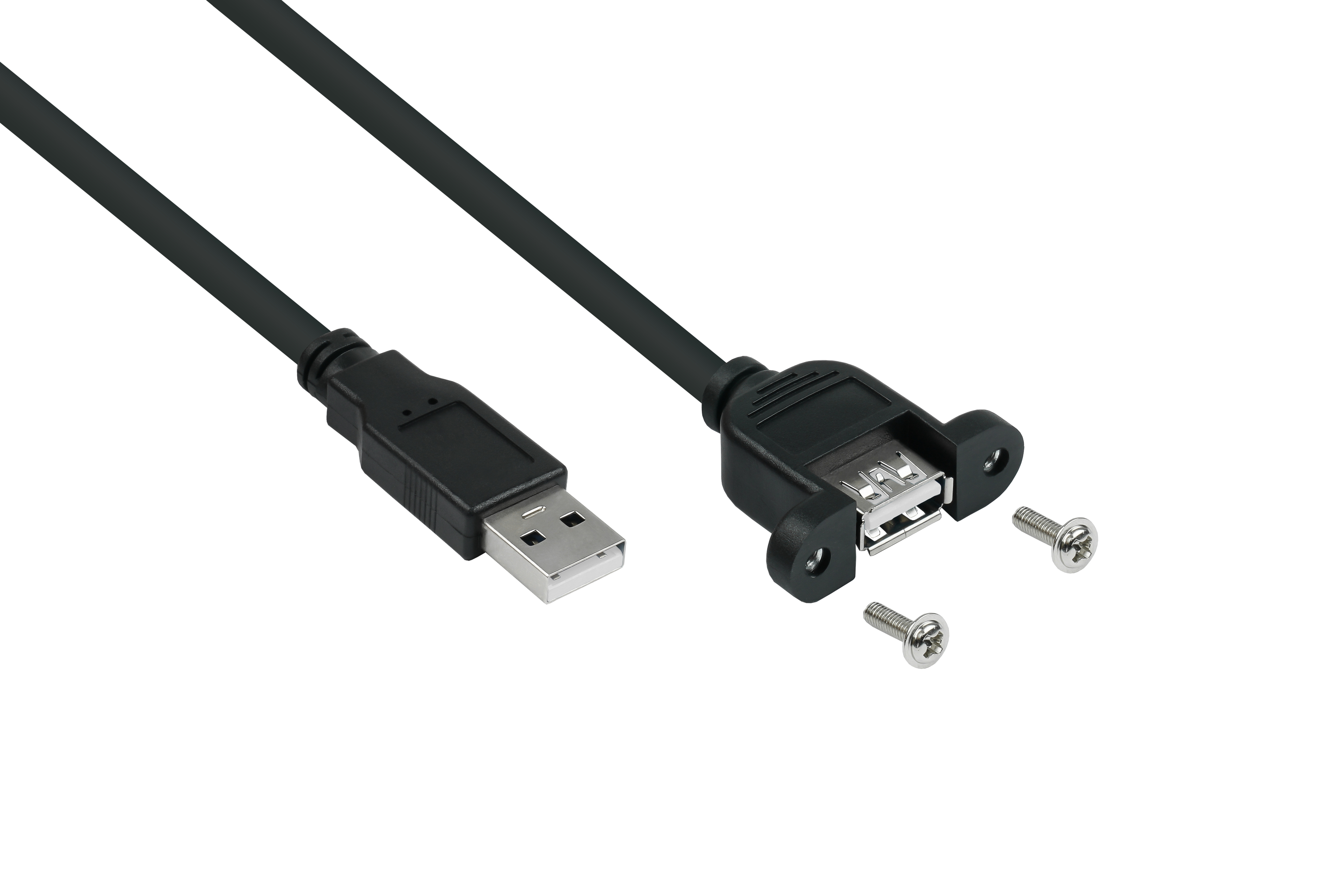 Schwarzes USB-Kabel mit USB-A-Stecker, USB-Buchse und zwei Schrauben. Weißer Hintergrund.
