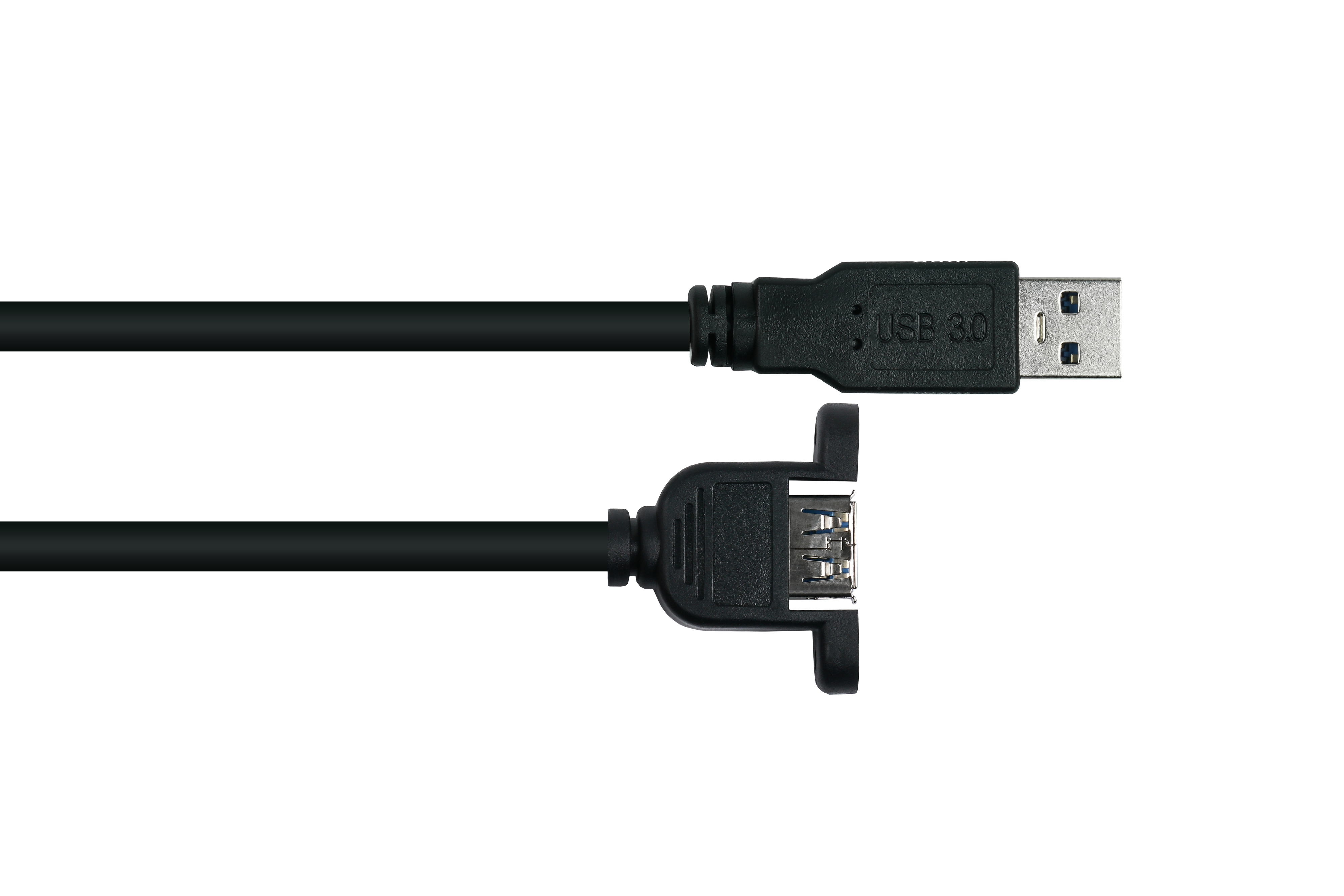 Cavo USB nero con USB 3.0 e porta femmina su sfondo bianco.