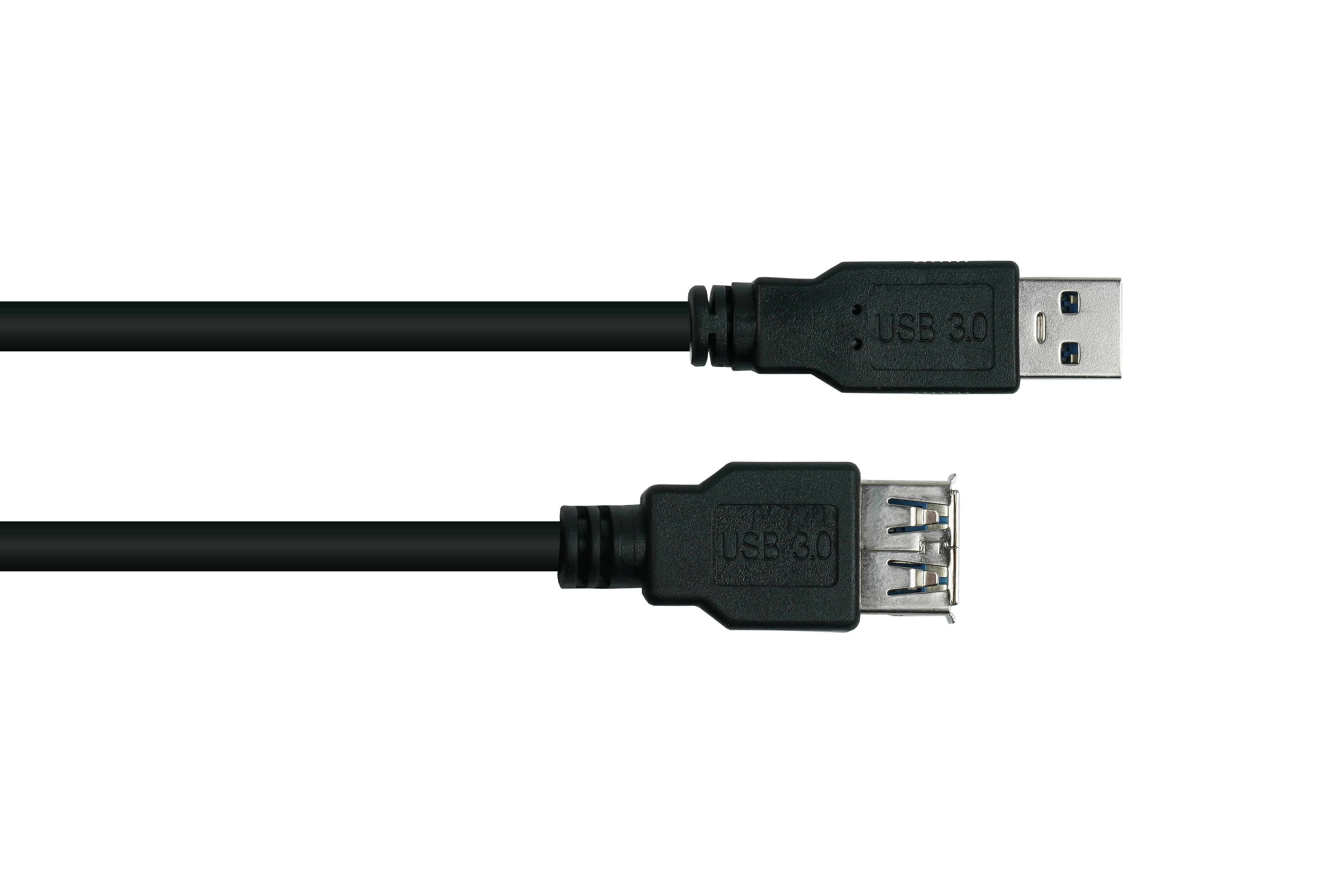 Schwarze USB 3.0-Kabel mit Typ-A- und Typ-B-Anschlüssen auf weißem Hintergrund.