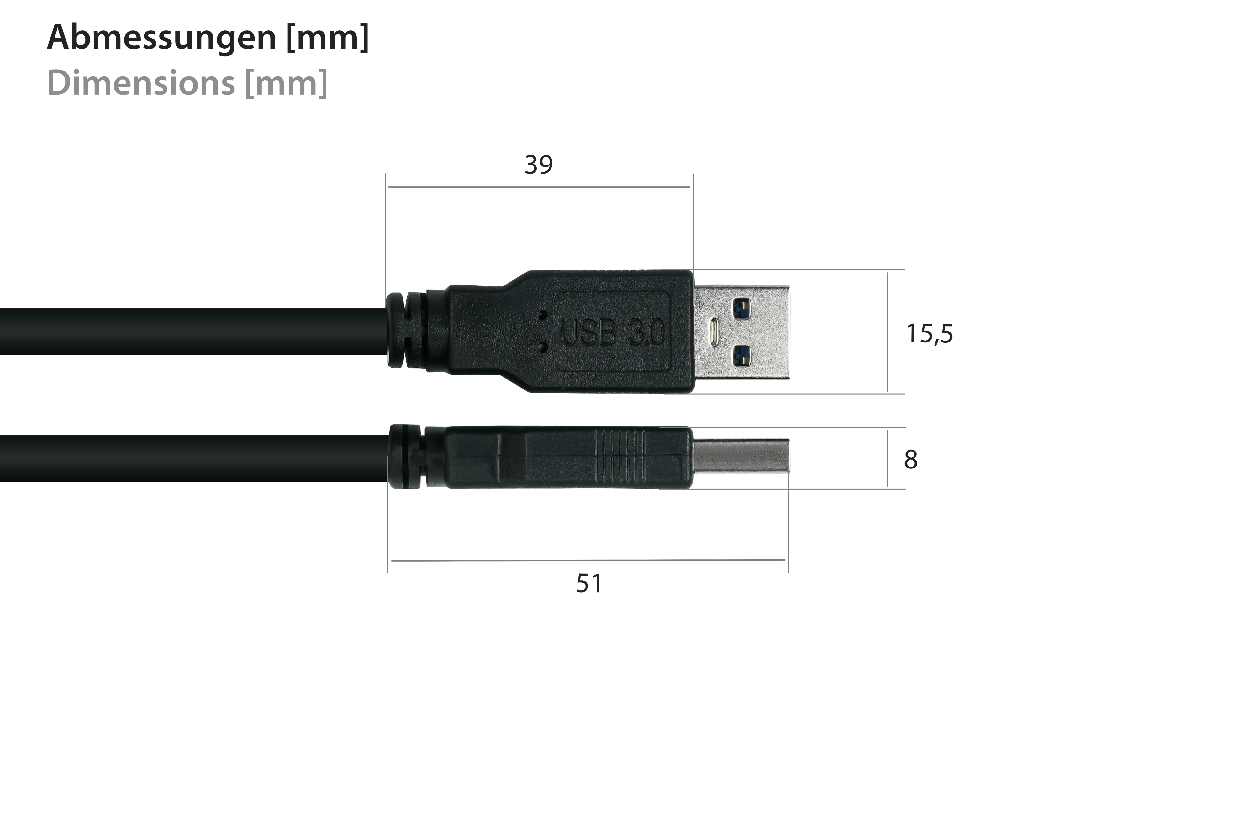 Ein schwarzes USB 3.0-Kabel mit Abmessungen, USB-A- und Micro-B-Anschlüssen.