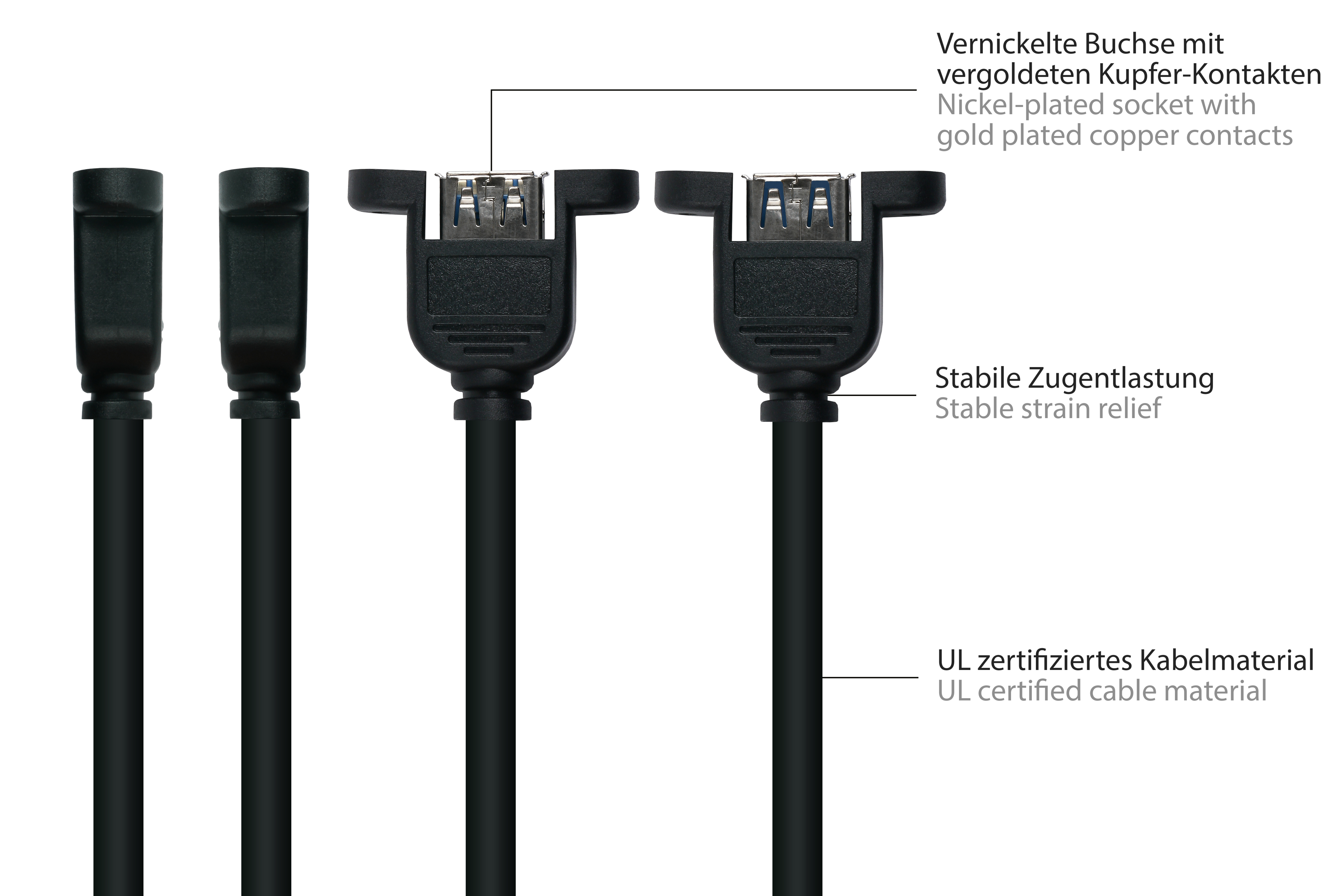 KABELMEISTER Stecker A an / KUPFER, AWG28 USB AWG24, schwarz A,Premium, UL, 3.0 Einbau-Verlängerung Buchse