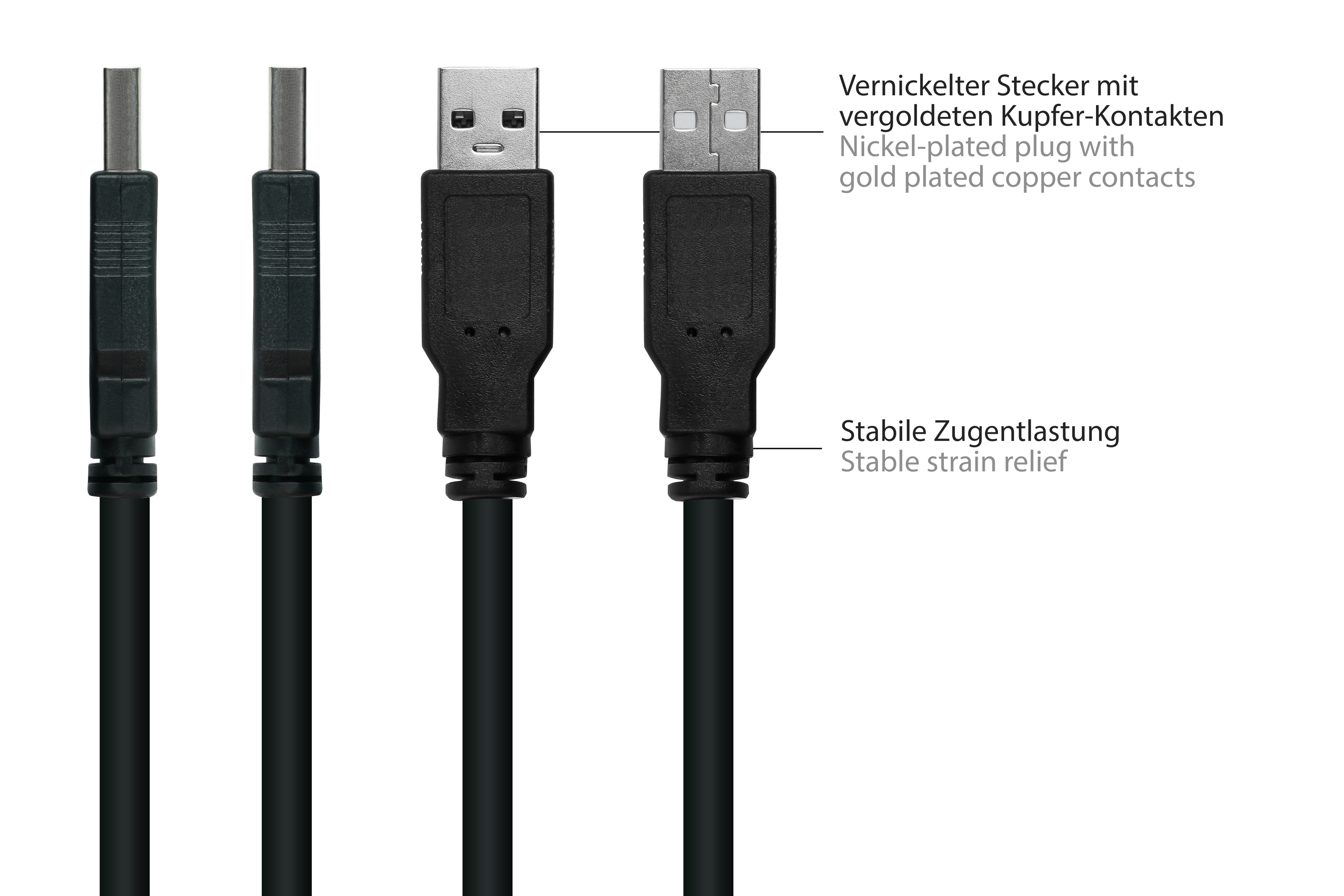Nahaufnahme von USB-Kabeln mit Beschreibungen der Anschlüsse und Zugentlastung.