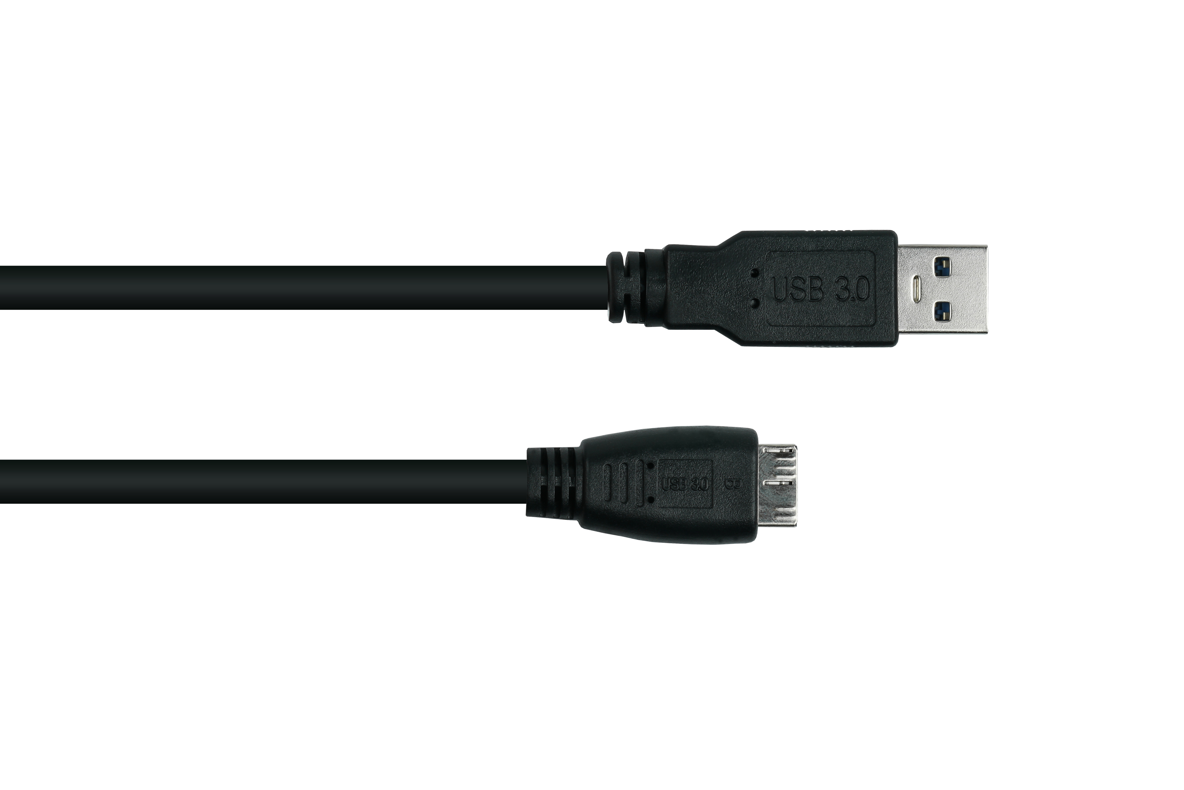 Schwarzes USB 3.0-Kabel mit Typ-A- und Micro-B-Anschluss auf weißem Hintergrund.