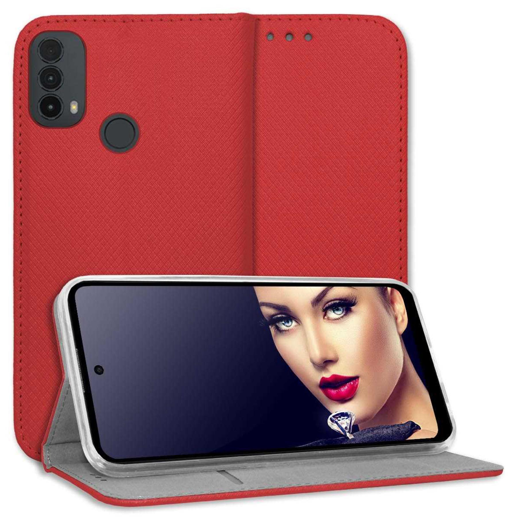 Eine rote Handyhülle mit geöffnetem Handy. Das Handy zeigt das Gesicht einer Frau auf dem Bildschirm.