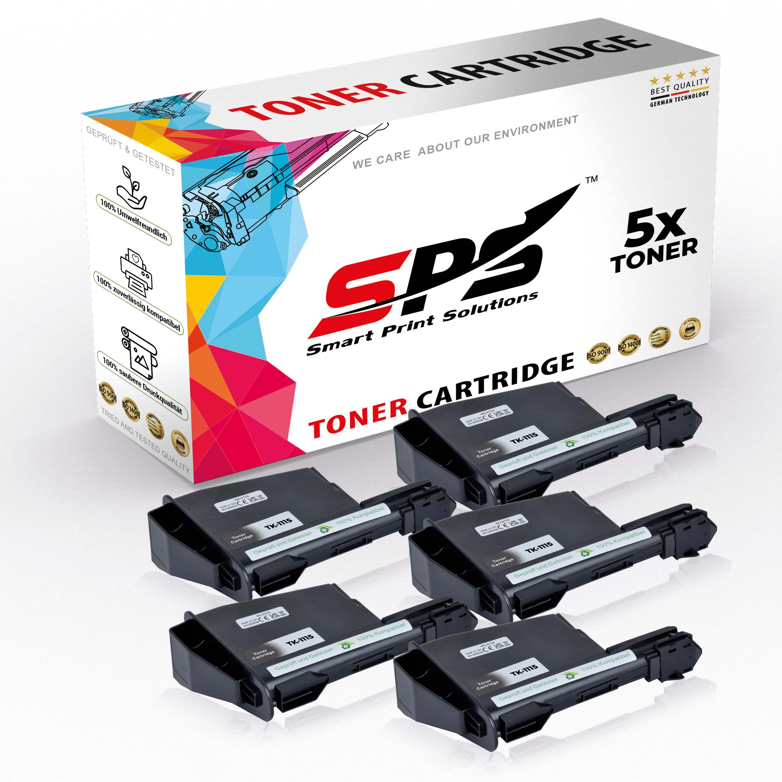 Eine Schachtel mit Tonerkartuschen und fünf schwarzen Kartuschen. Auf der Schachtel steht 'TONER CARTRIDGE' und ein Logo.