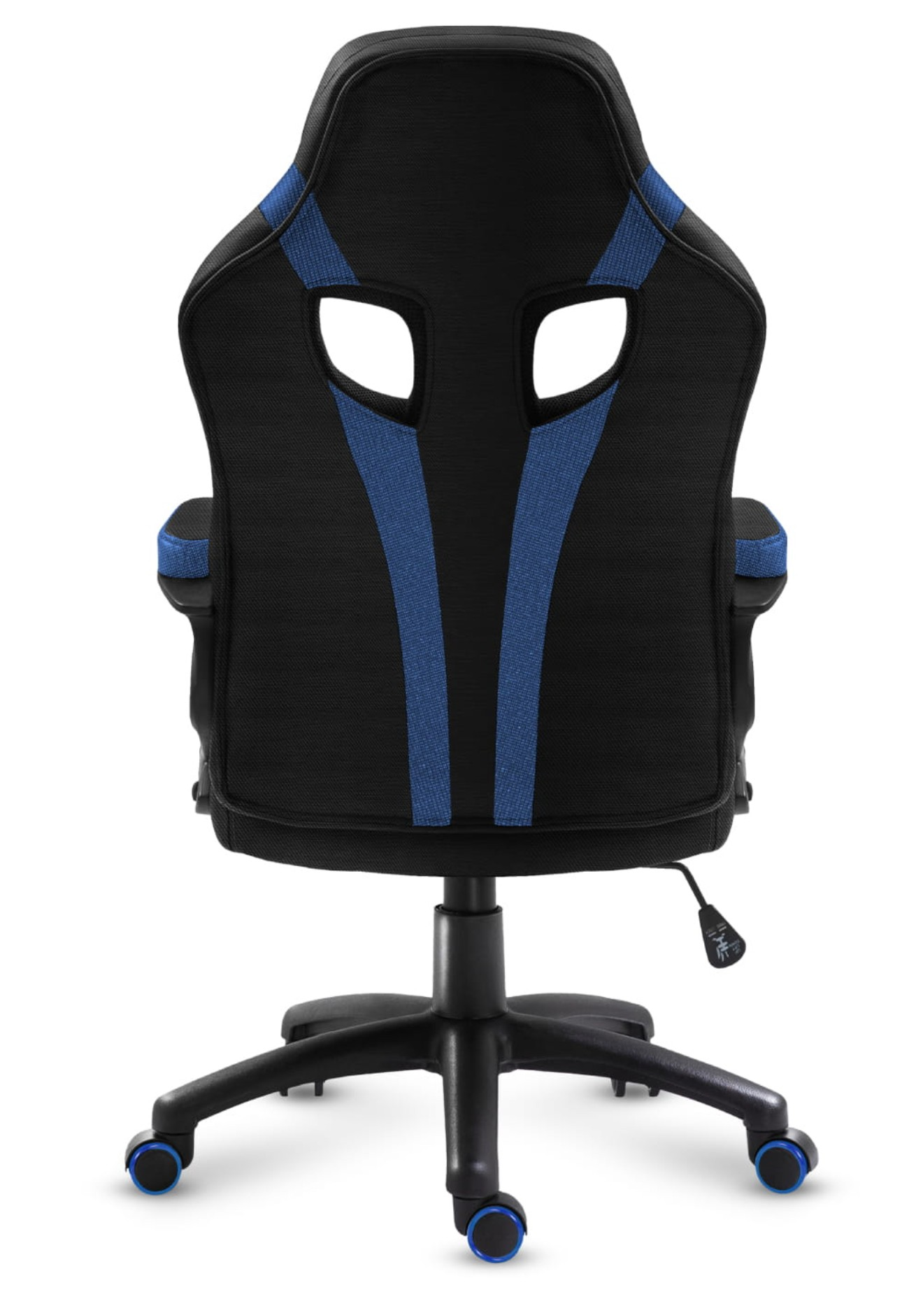 Silla gamer negra vista trasera con detalles azules.