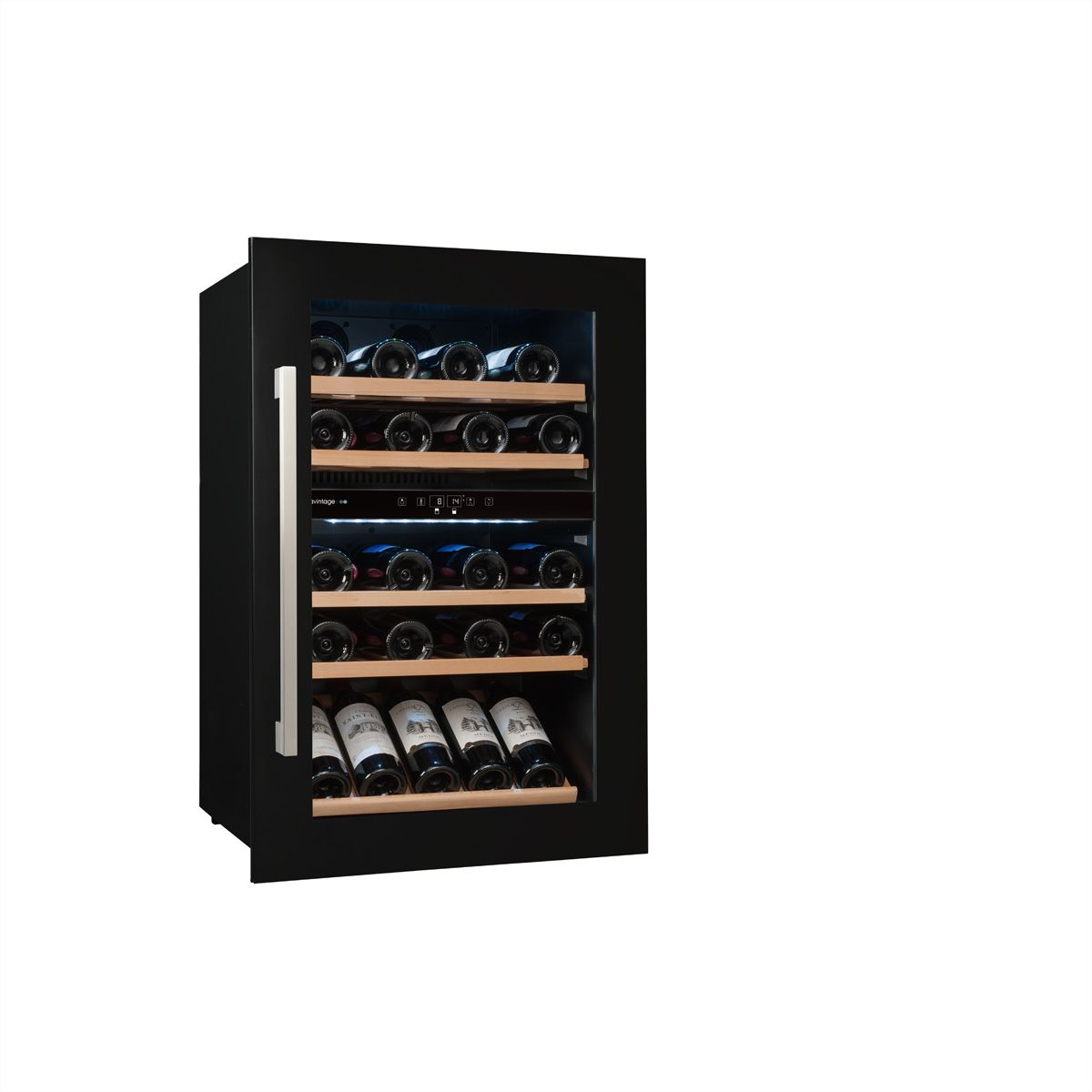 Cantinetta nera con porta a vetri, piena di bottiglie di vino.