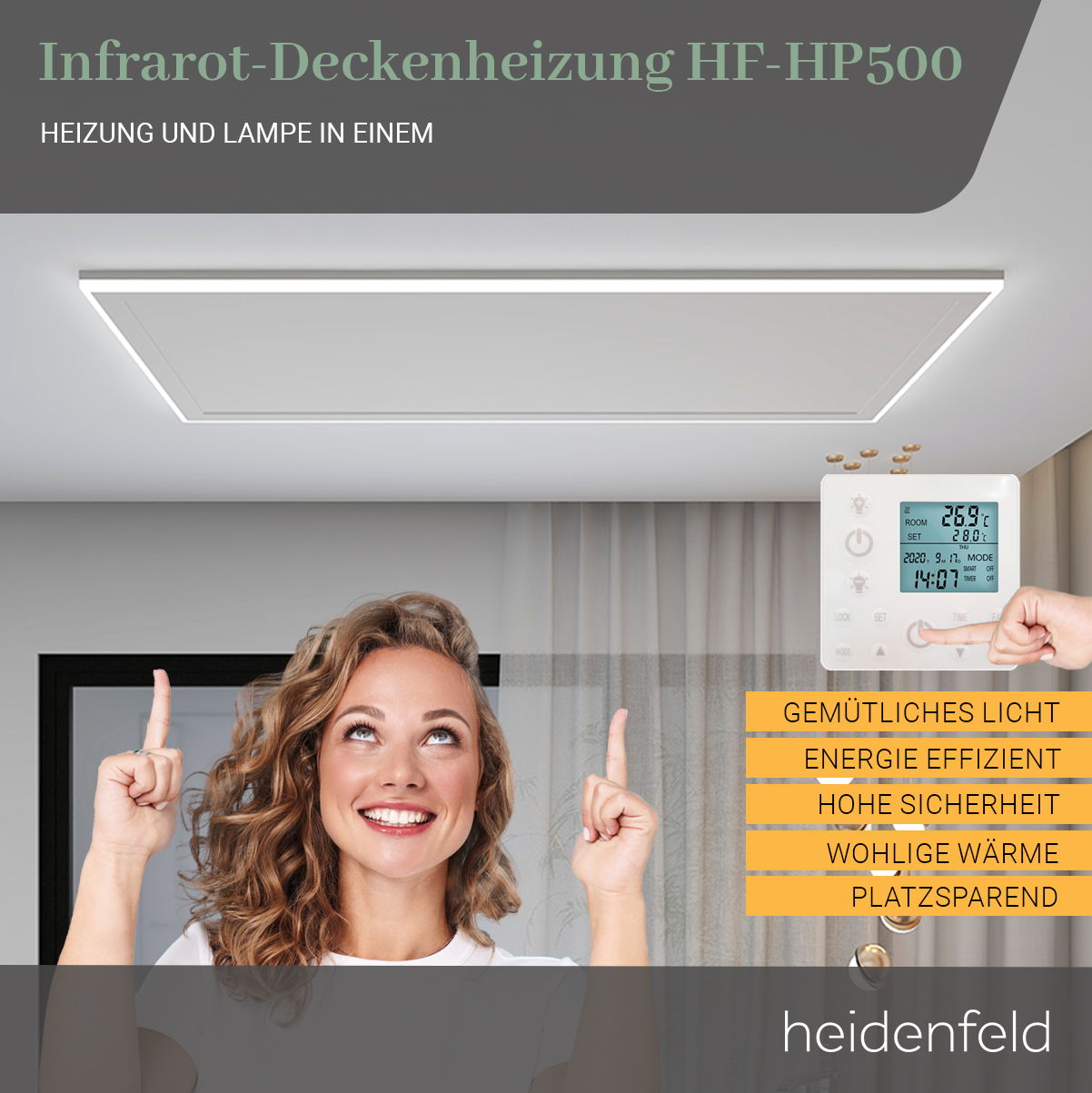 HF-HP500 HEIDENFELD Infrarotheizung Aluminiumrahmen Deckenheizung mit (800 Kaltweiß Watt) Licht und Fernbedienung
