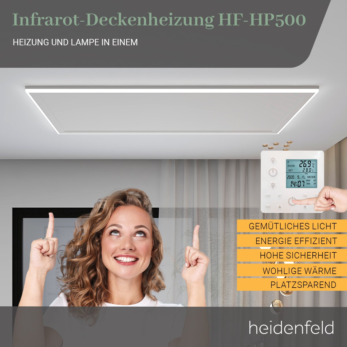 HEIDENFELD Deckenheizung Warmweiß mit Aluminiumrahmen Licht Infrarotheizung (800 Fernbedienung Watt) und HF-HP500