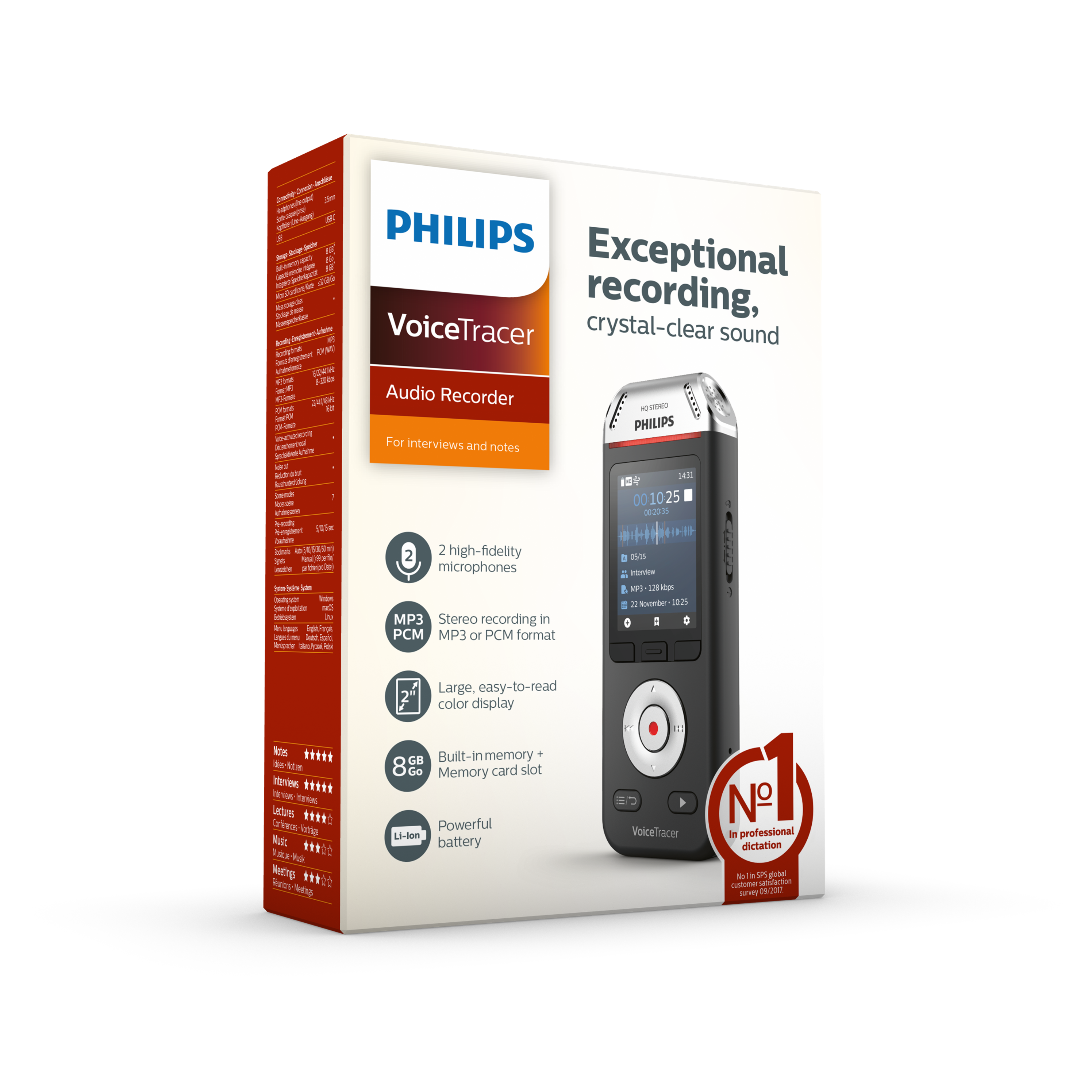 Pudełko rejestratora audio Philips VoiceTracer. Zawiera funkcje i czarny rejestrator.