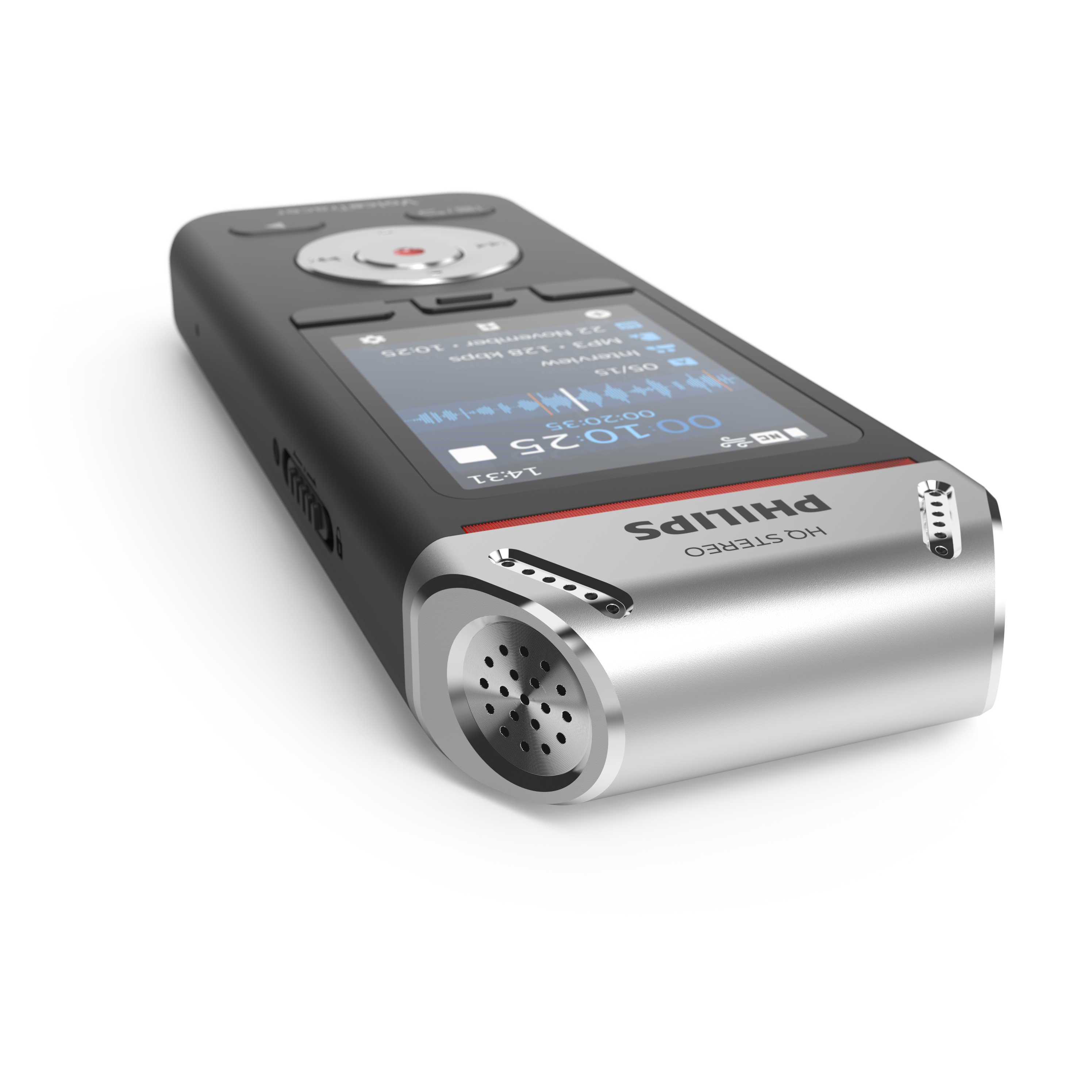 Czarny i srebrny dyktafon Philips. Ma ekran z detalami i przyciskami.