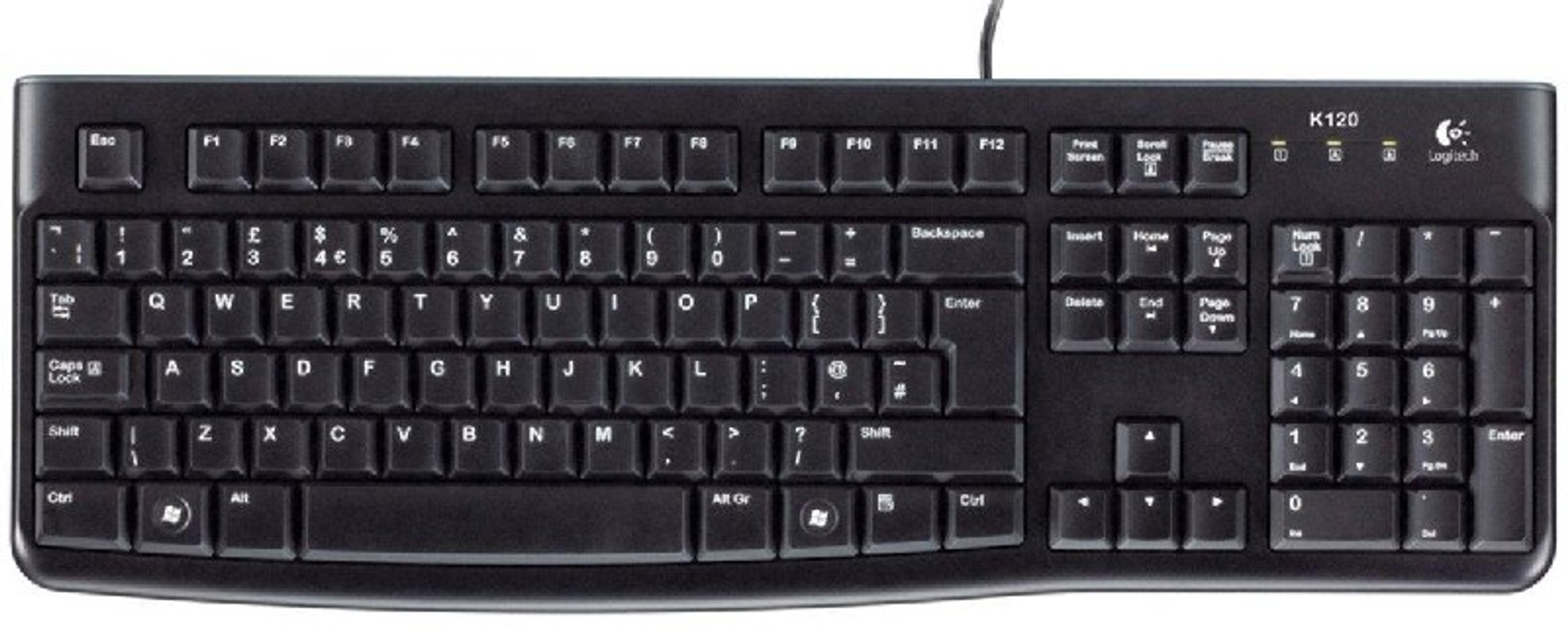Czarna klawiatura Logitech K120. Posiada wiele klawiszy, w tym funkcyjne, numeryczne i literowe.