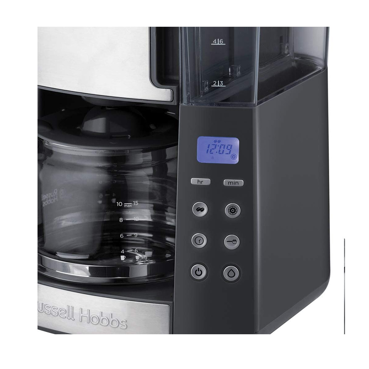 Ekspres do kawy Russell Hobbs. Pokazuje zegar cyfrowy i przyciski. Szklany dzbanek z miarkami.