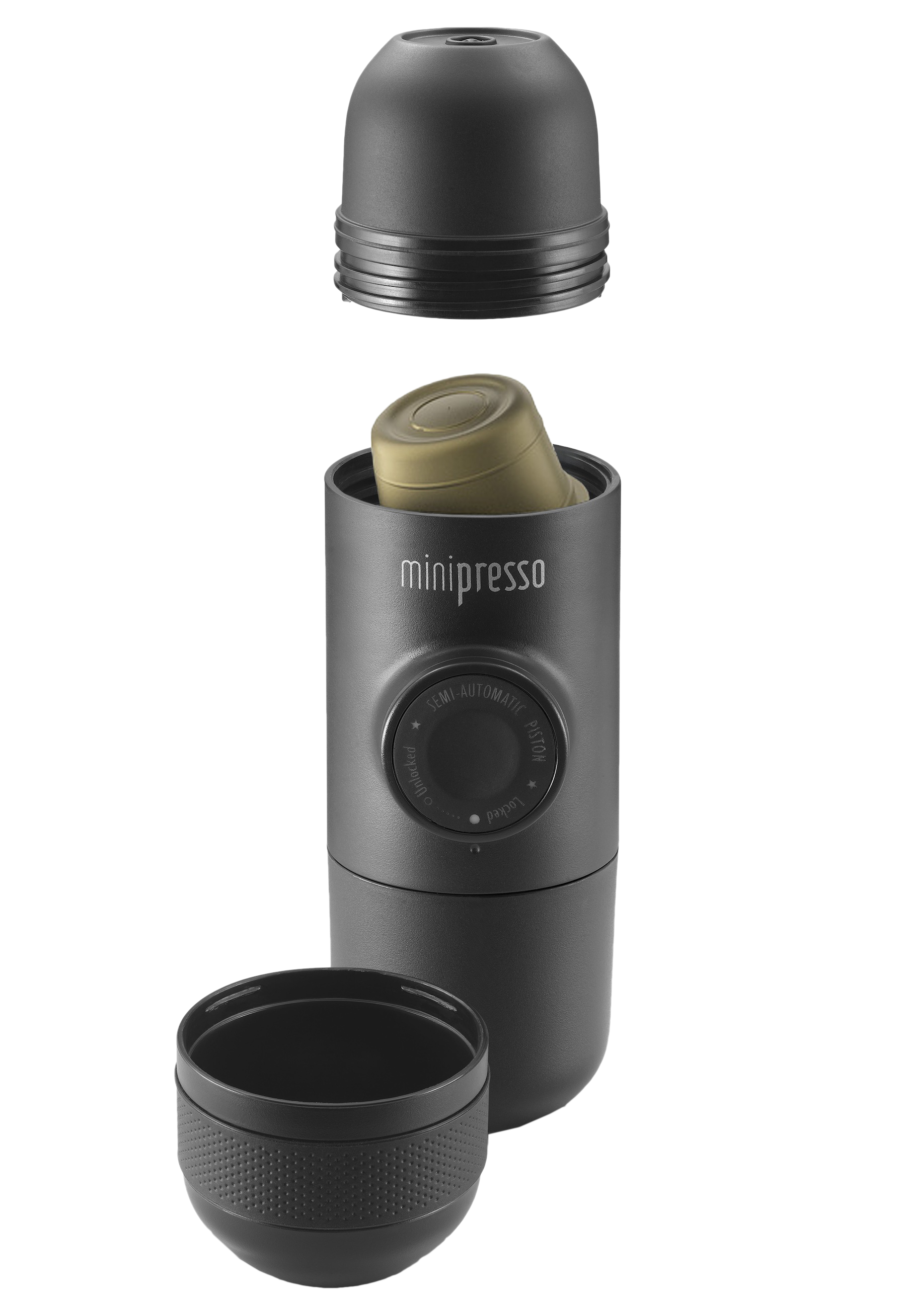 Zerlegter tragbarer Espressomaschine. Die Teile sind schwarz und grau, mit einer kleinen Tasse am Boden.