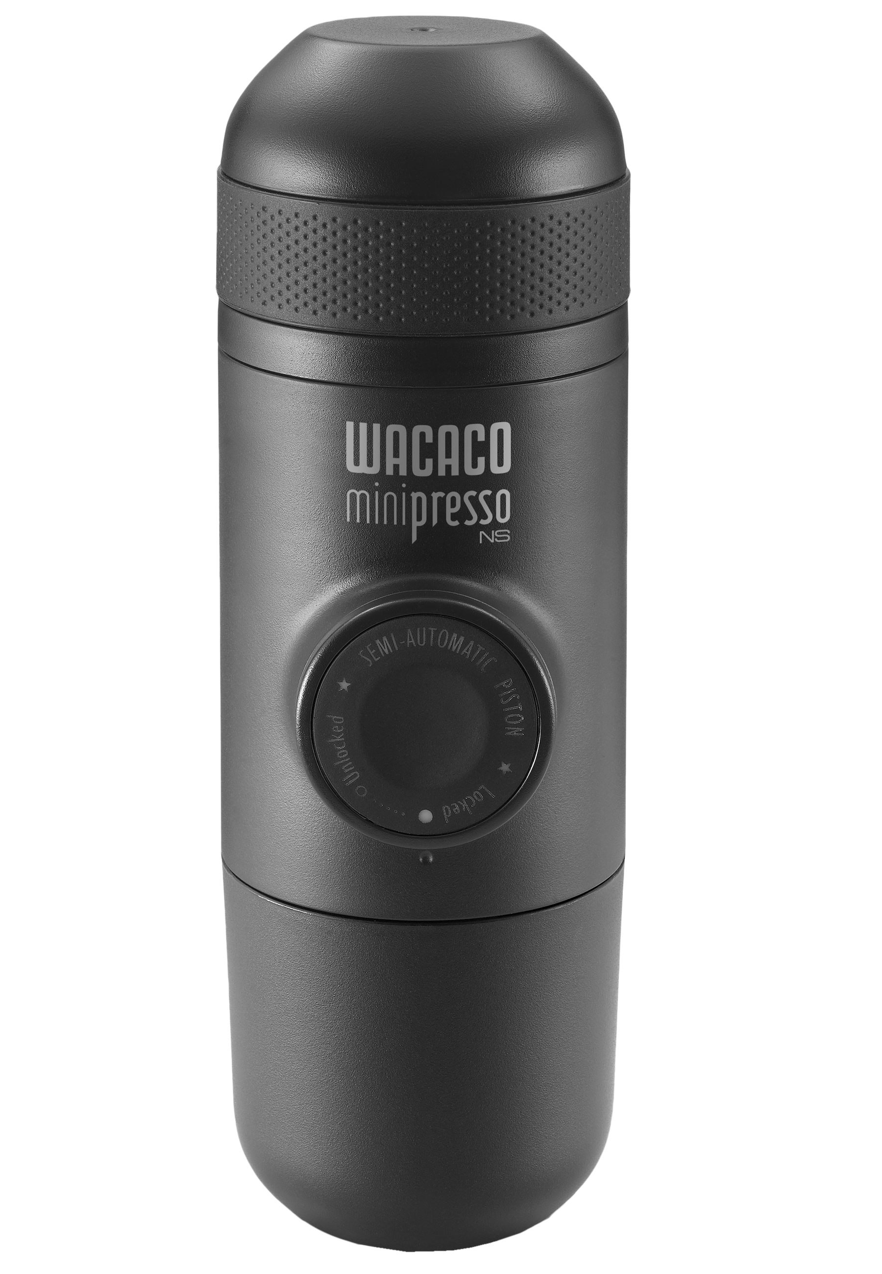 Schwarzer tragbarer Espressomaschine. Zylindrisch mit Knopf und Markenname auf der Vorderseite.