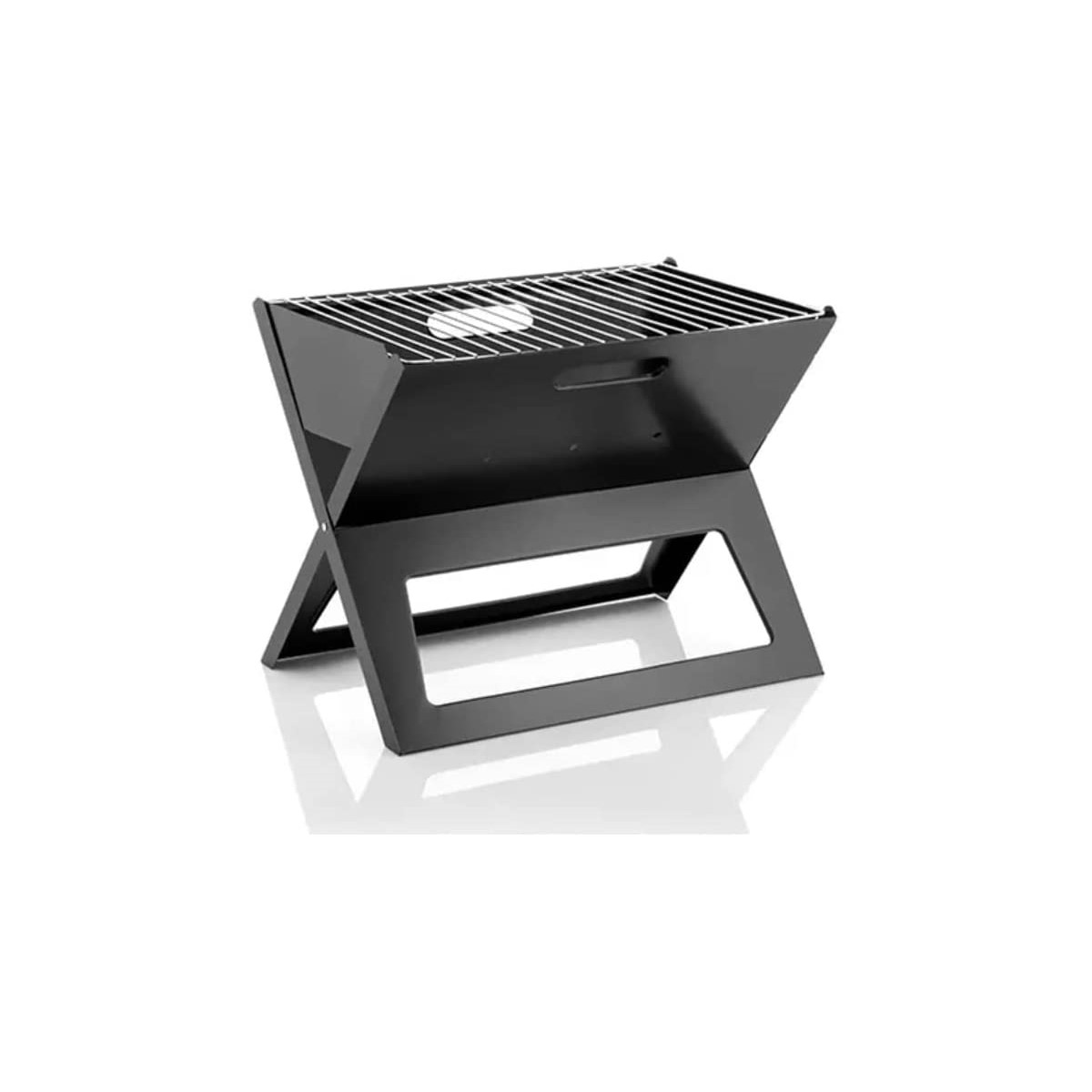 Schwarzer, zusammenklappbarer Grill. Der Grill ist offen und zeigt den Grillrost.