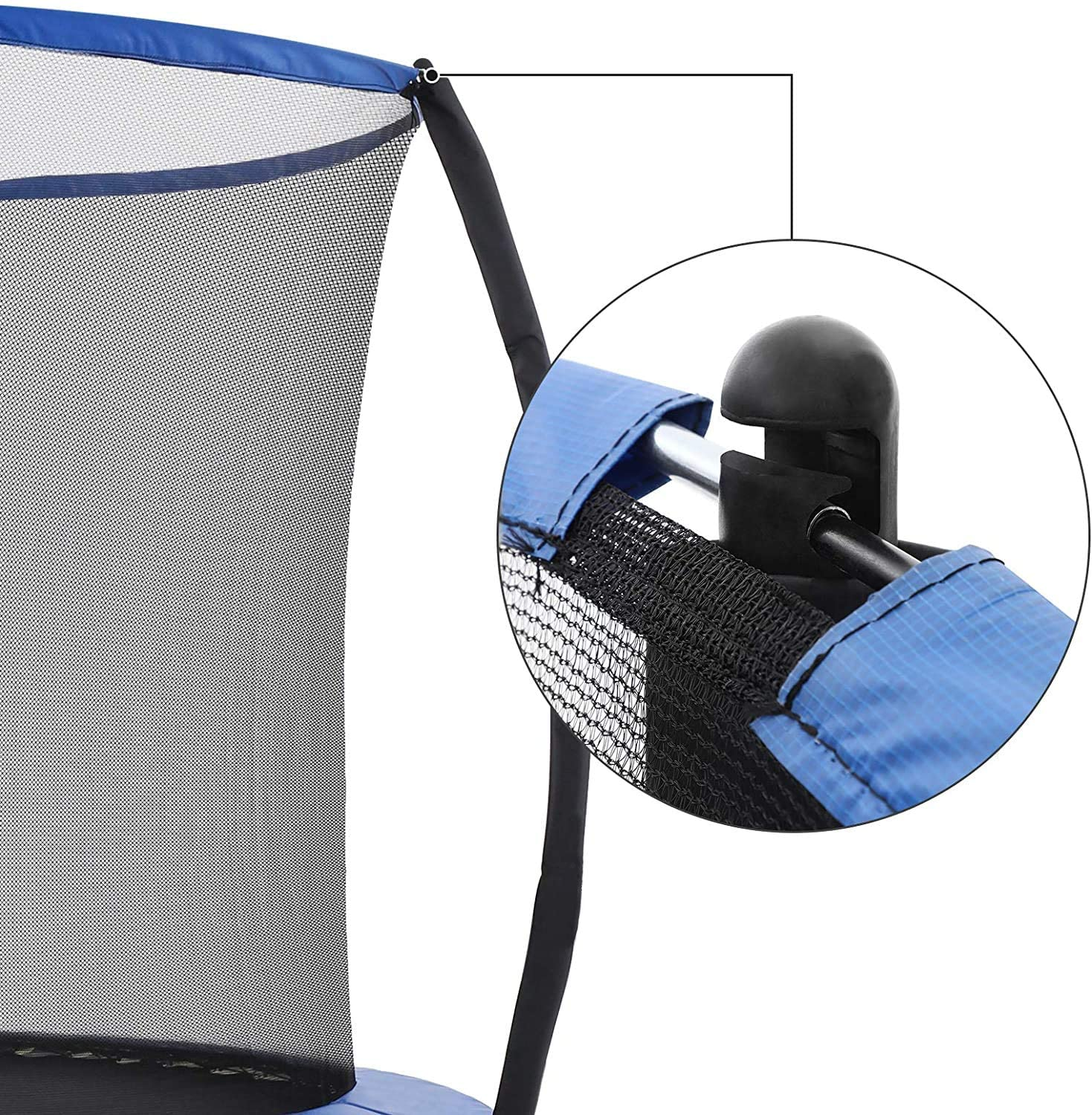 Nahaufnahme von Trampolinnetz und Haltestruktur, mit blauem Rand.