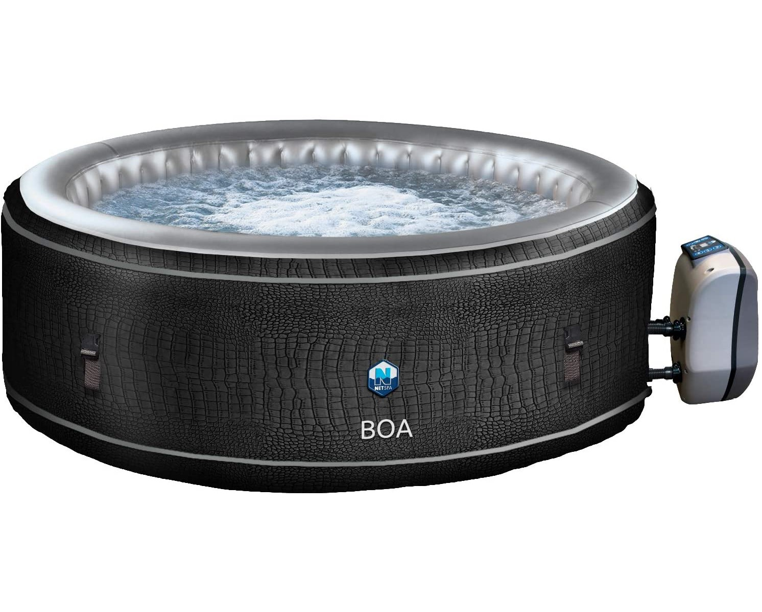 Runder schwarzer Whirlpool. Das Wasser sprudelt. Ein Bedienfeld befindet sich rechts.