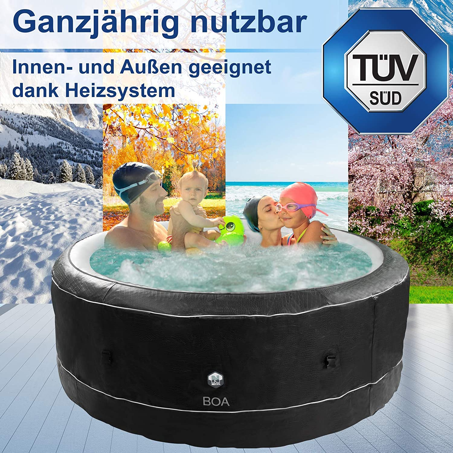 Ein Whirlpool mit Menschen, die ihn genießen. Er ist schwarz und hat einen weißen Rand.