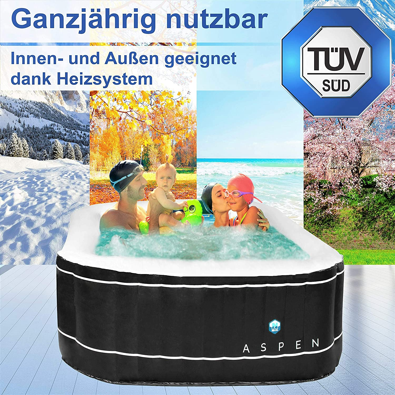 Familie genießt Whirlpool. Bild zeigt ganzjährige Nutzung, innen und außen. Aspen Logo sichtbar.