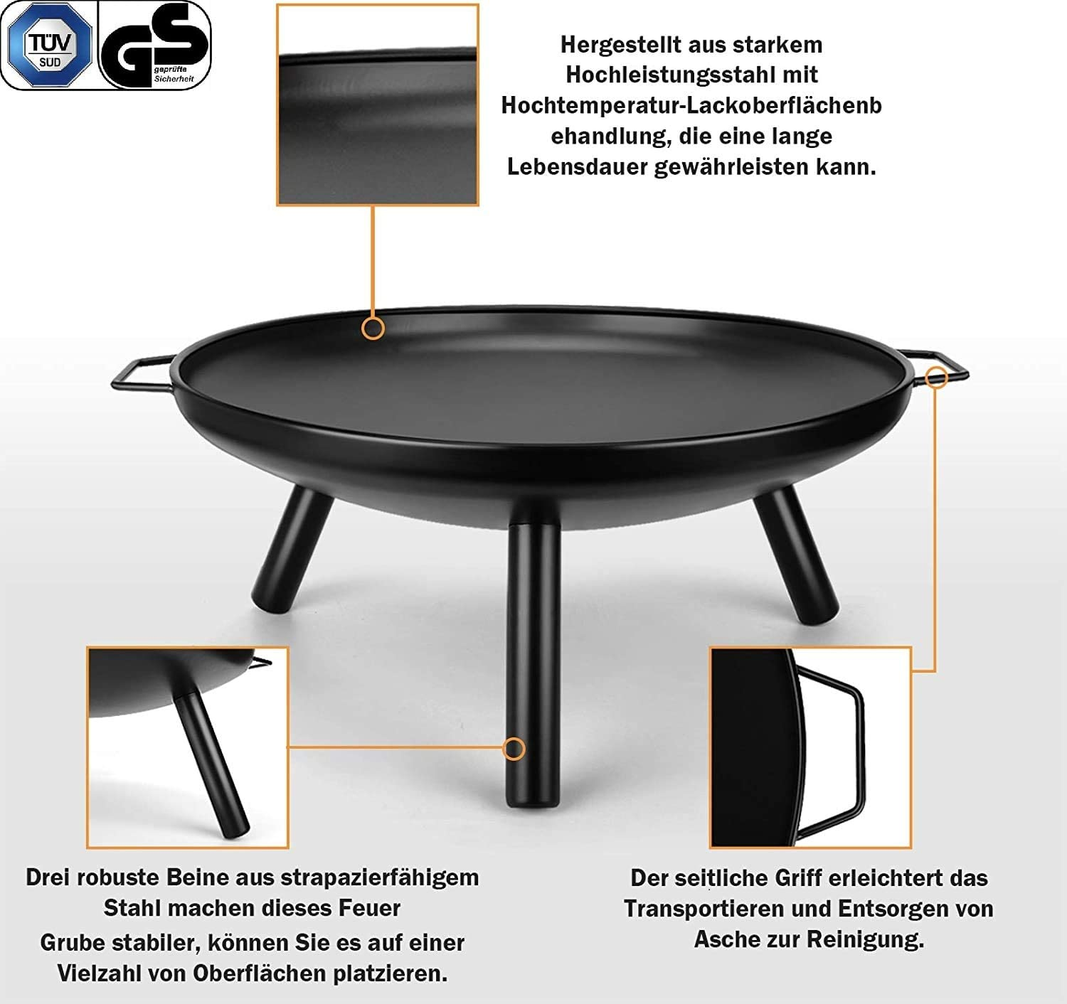 Schwarze Feuerstelle mit drei Beinen, Griff und Textbeschriftungen auf weißem Hintergrund.